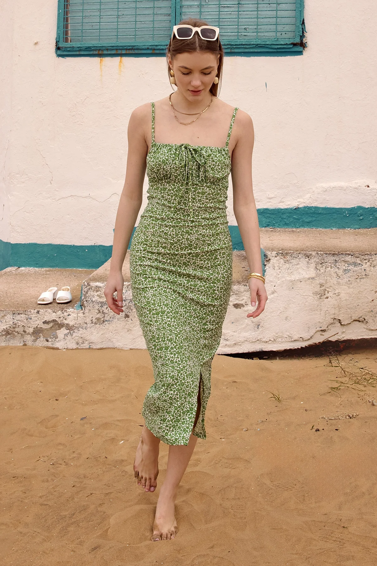 Kadın Yeşil Çiçekli Kadın Yırtmaçlı Elbise