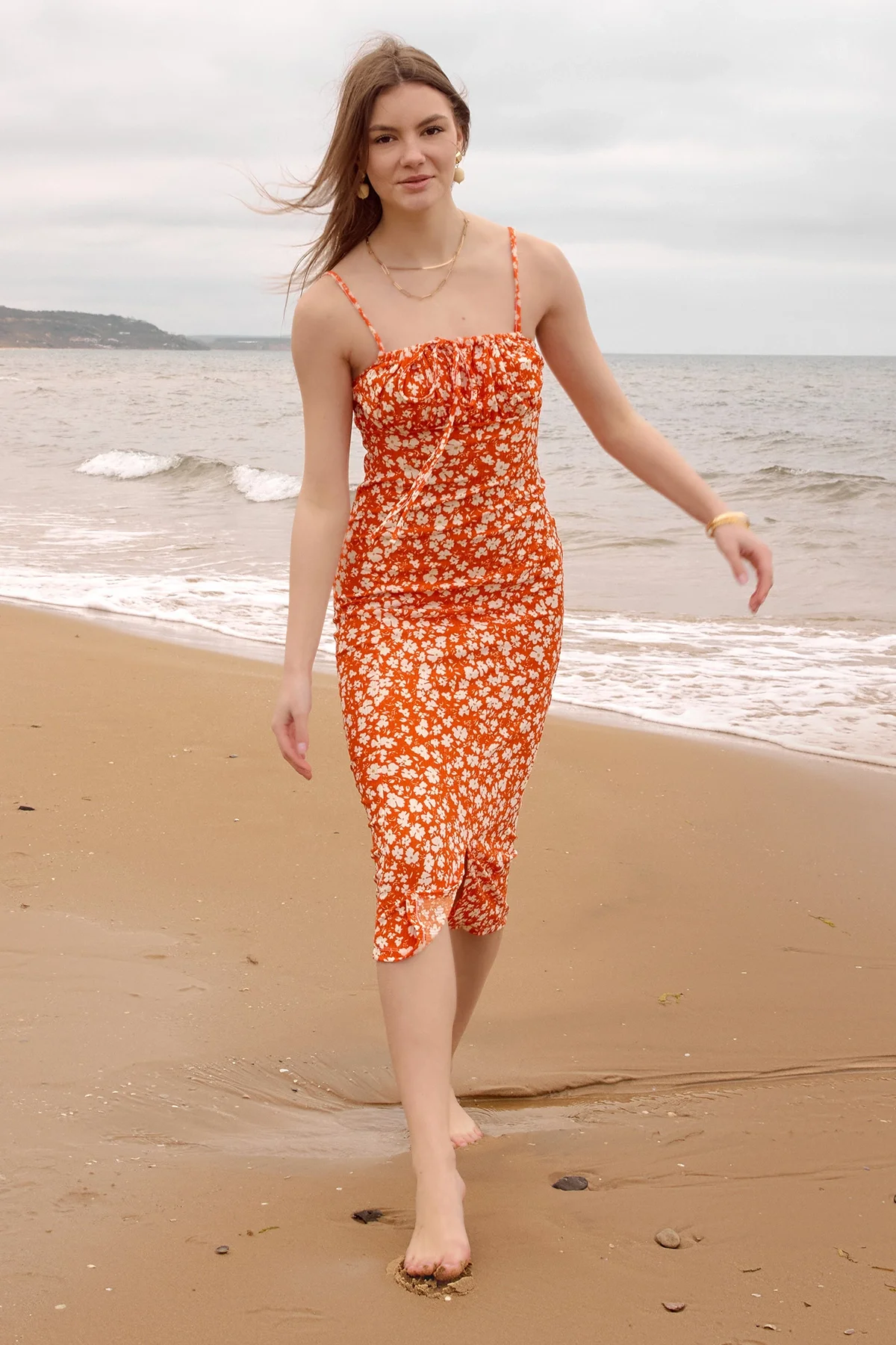 Kadın Turuncu Çiçekli Kadın Yırtmaçlı Elbise