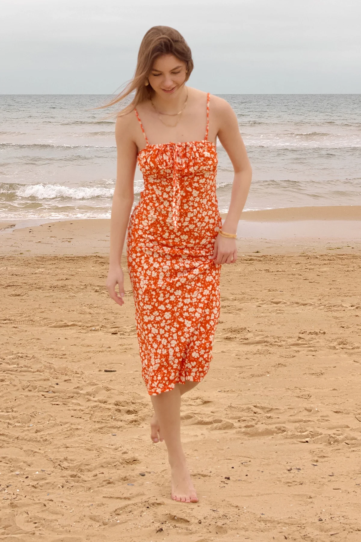 Kadın Turuncu Çiçekli Kadın Yırtmaçlı Elbise