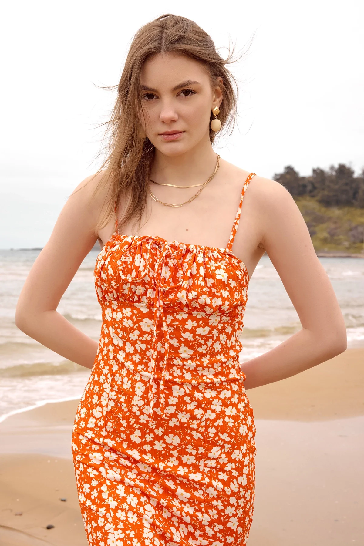 Kadın Turuncu Çiçekli Kadın Yırtmaçlı Elbise