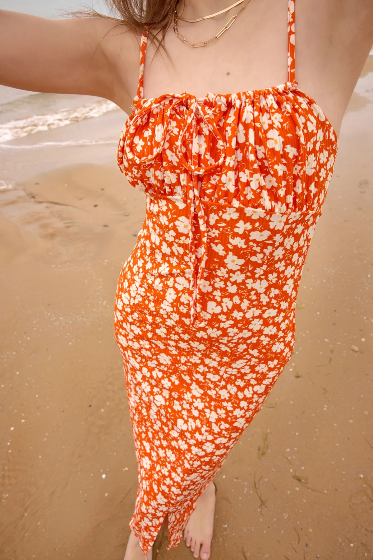 Kadın Turuncu Çiçekli Kadın Yırtmaçlı Elbise