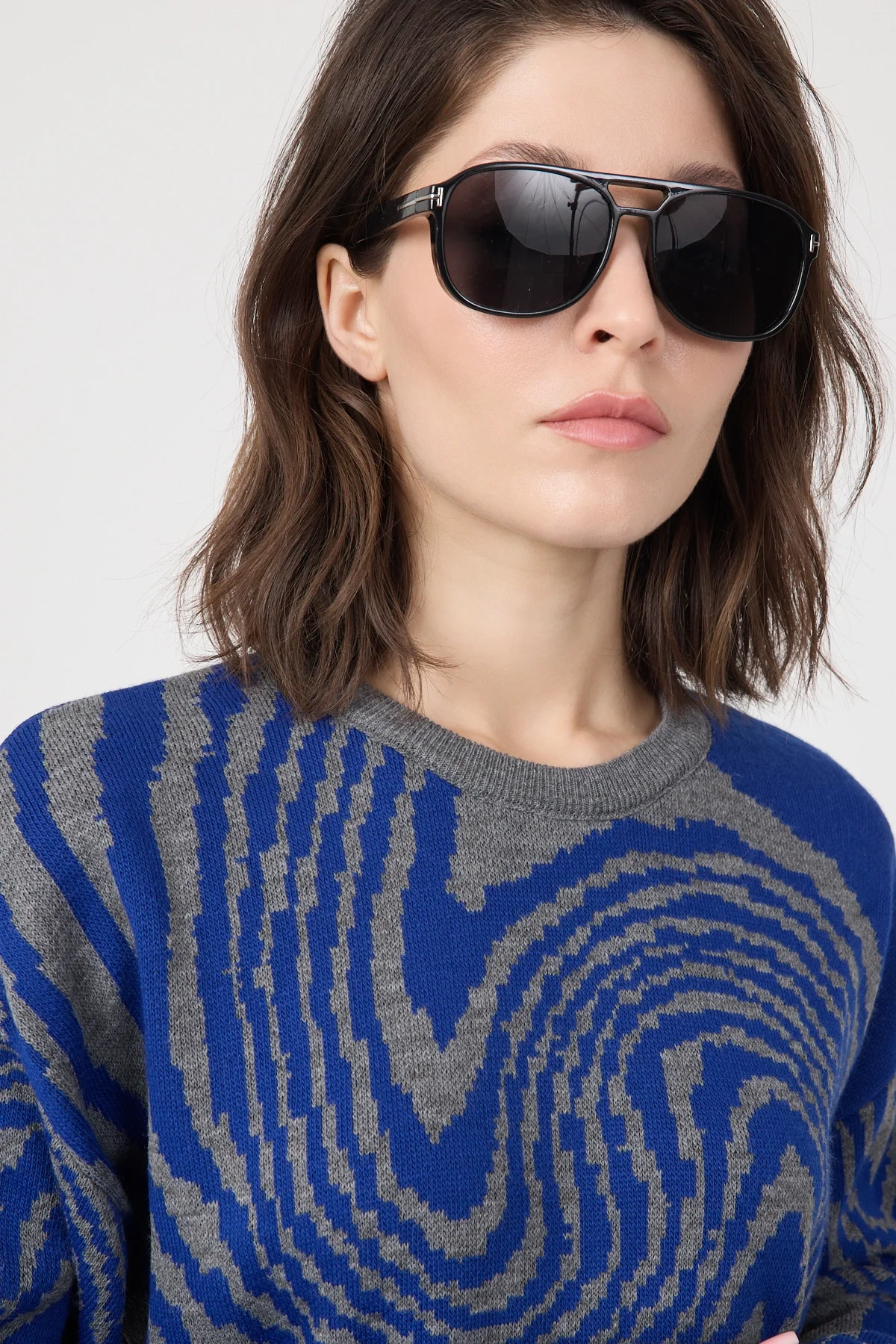 Kadın Desenli Oversize Triko Kazak - Mavi Gri Modern Desen Yumuşak Dokulu