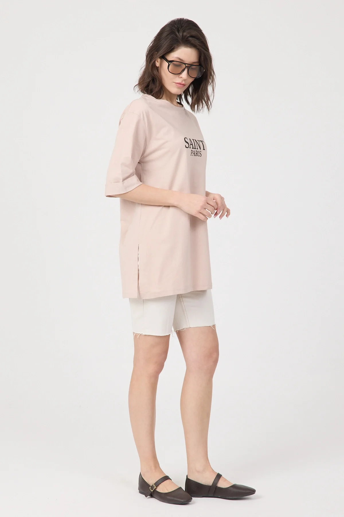 Kadın Pudra Saint Paris Baskılı Oversize Duble Kol Bisiklet Yaka Pamuklu Tişört