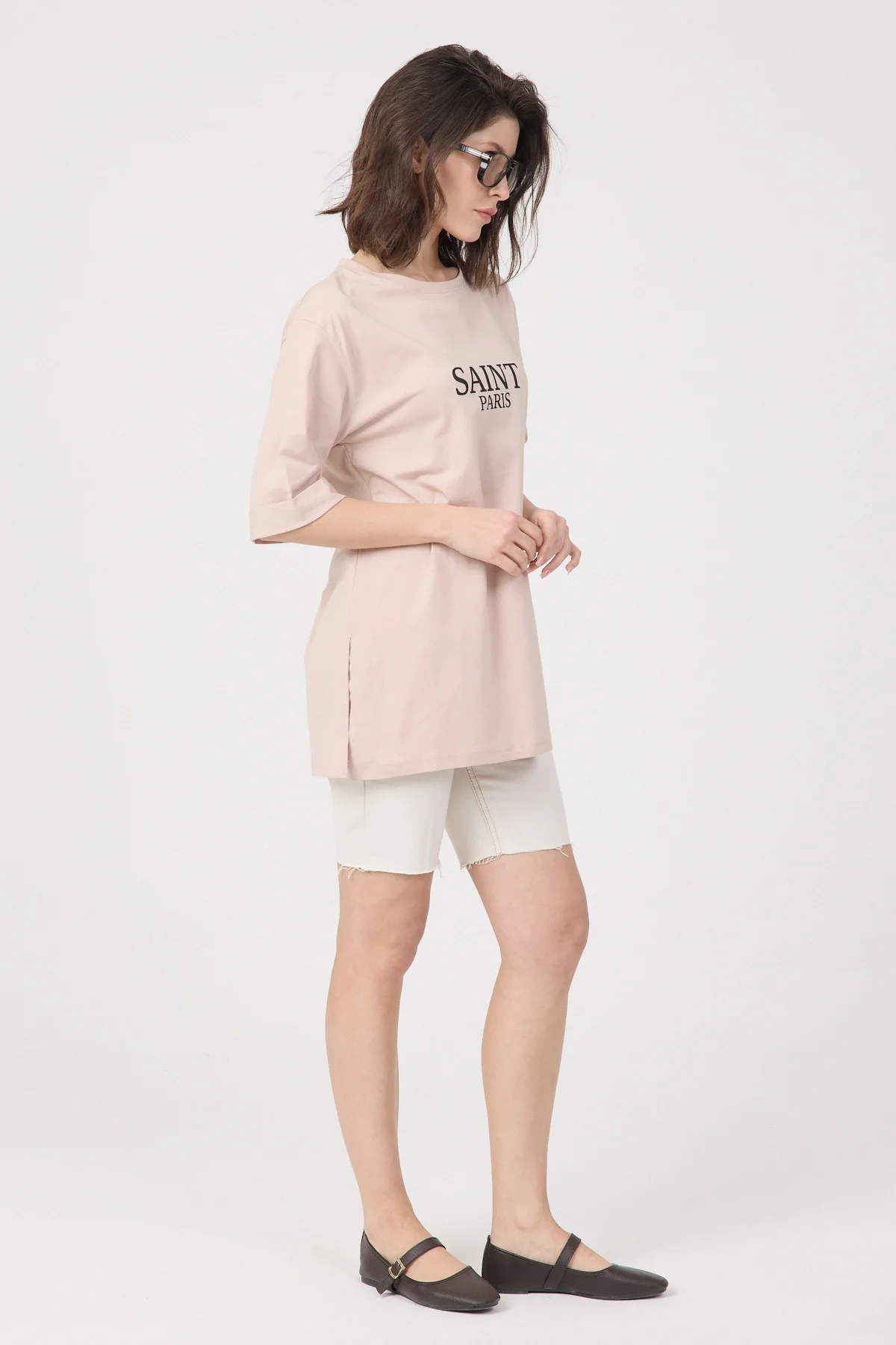 Kadın Pudra Saint Paris Baskılı Oversize Duble Kol Bisiklet Yaka Pamuklu Tişört