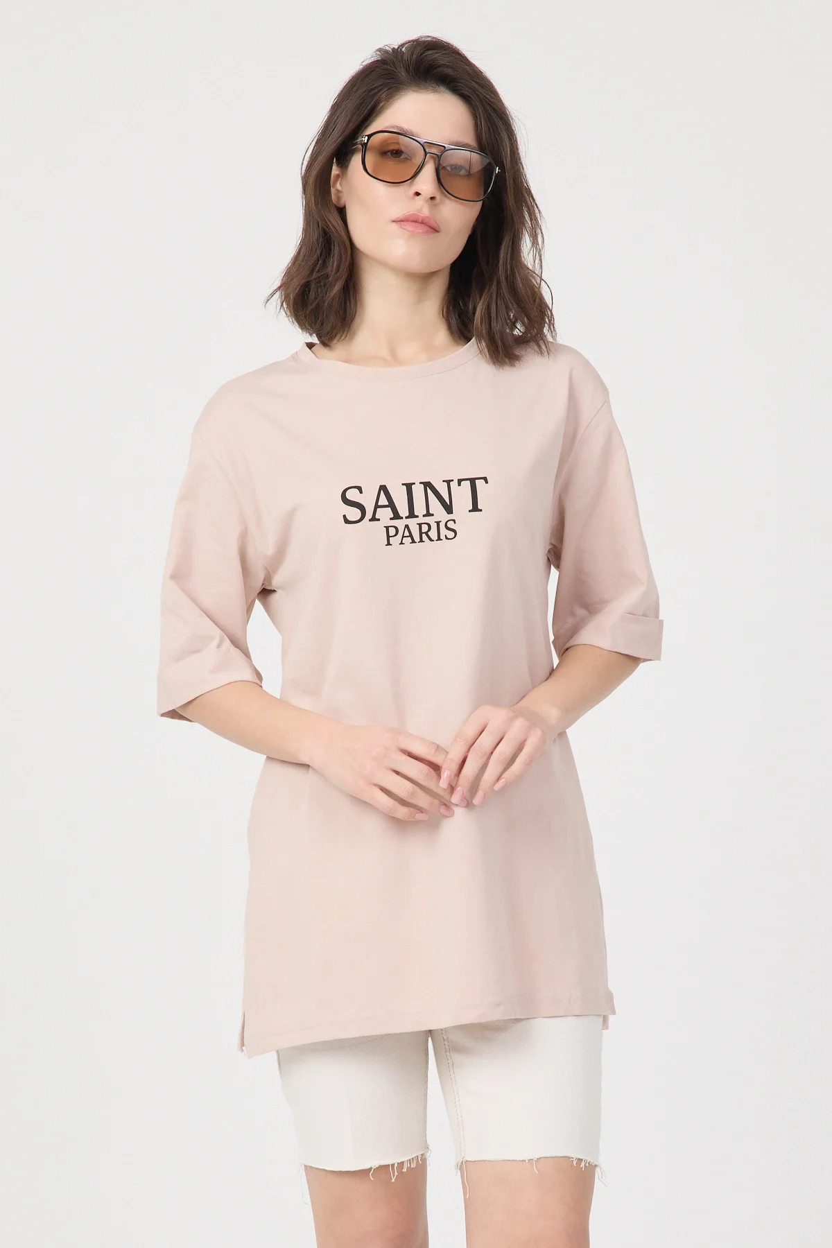 Kadın Pudra Saint Paris Baskılı Oversize Duble Kol Bisiklet Yaka Pamuklu Tişört