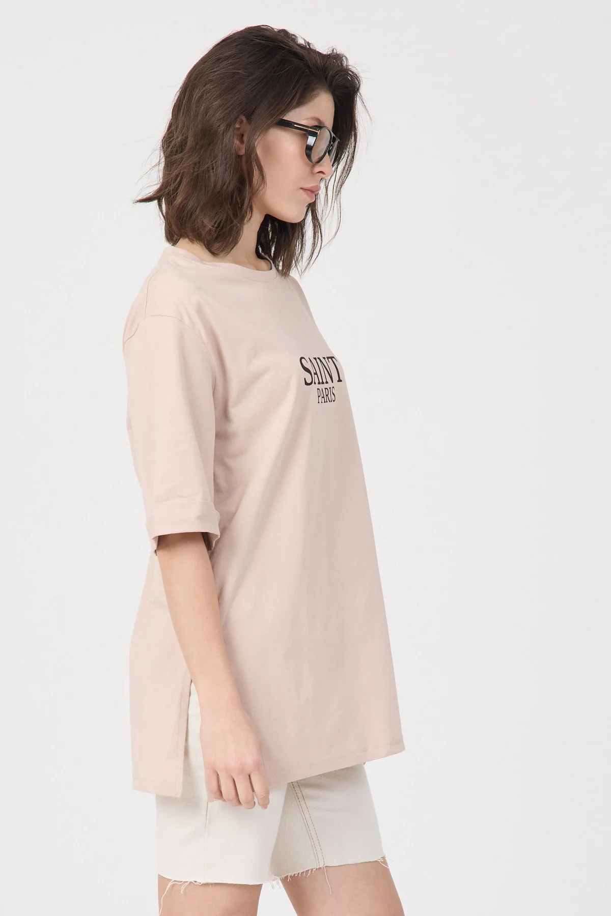 Kadın Pudra Saint Paris Baskılı Oversize Duble Kol Bisiklet Yaka Pamuklu Tişört
