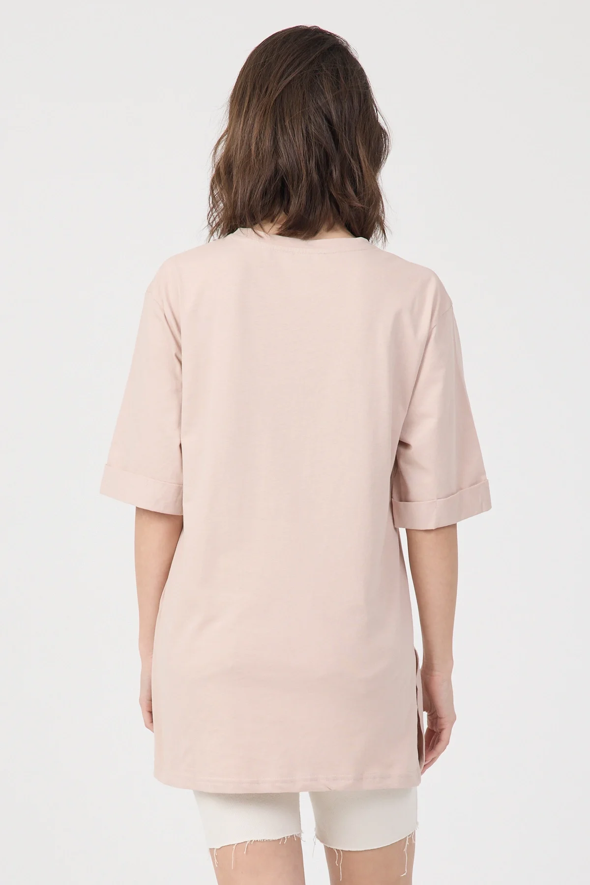 Kadın Pudra Saint Paris Baskılı Oversize Duble Kol Bisiklet Yaka Pamuklu Tişört