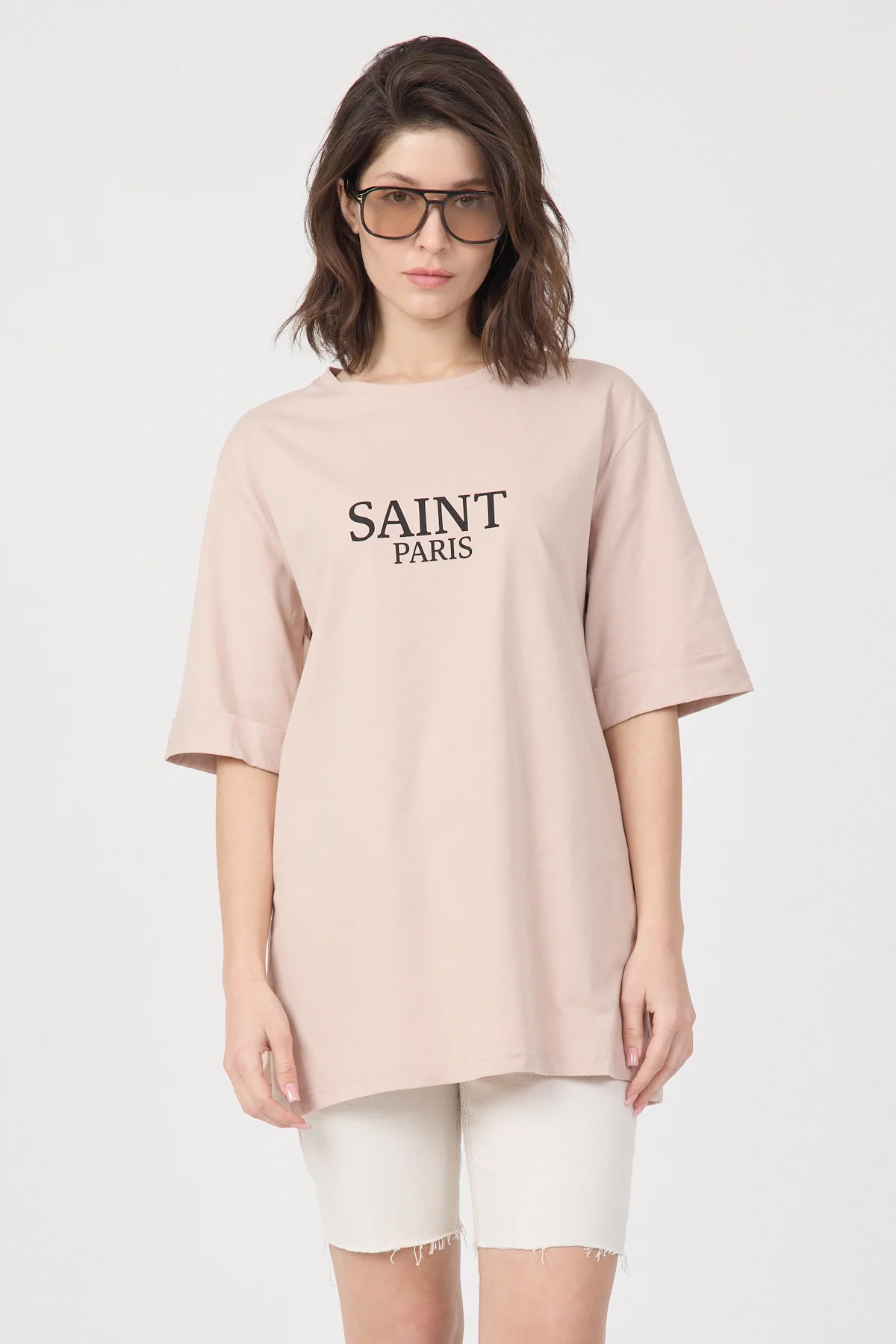 Kadın Pudra Saint Paris Baskılı Oversize Duble Kol Bisiklet Yaka Pamuklu Tişört