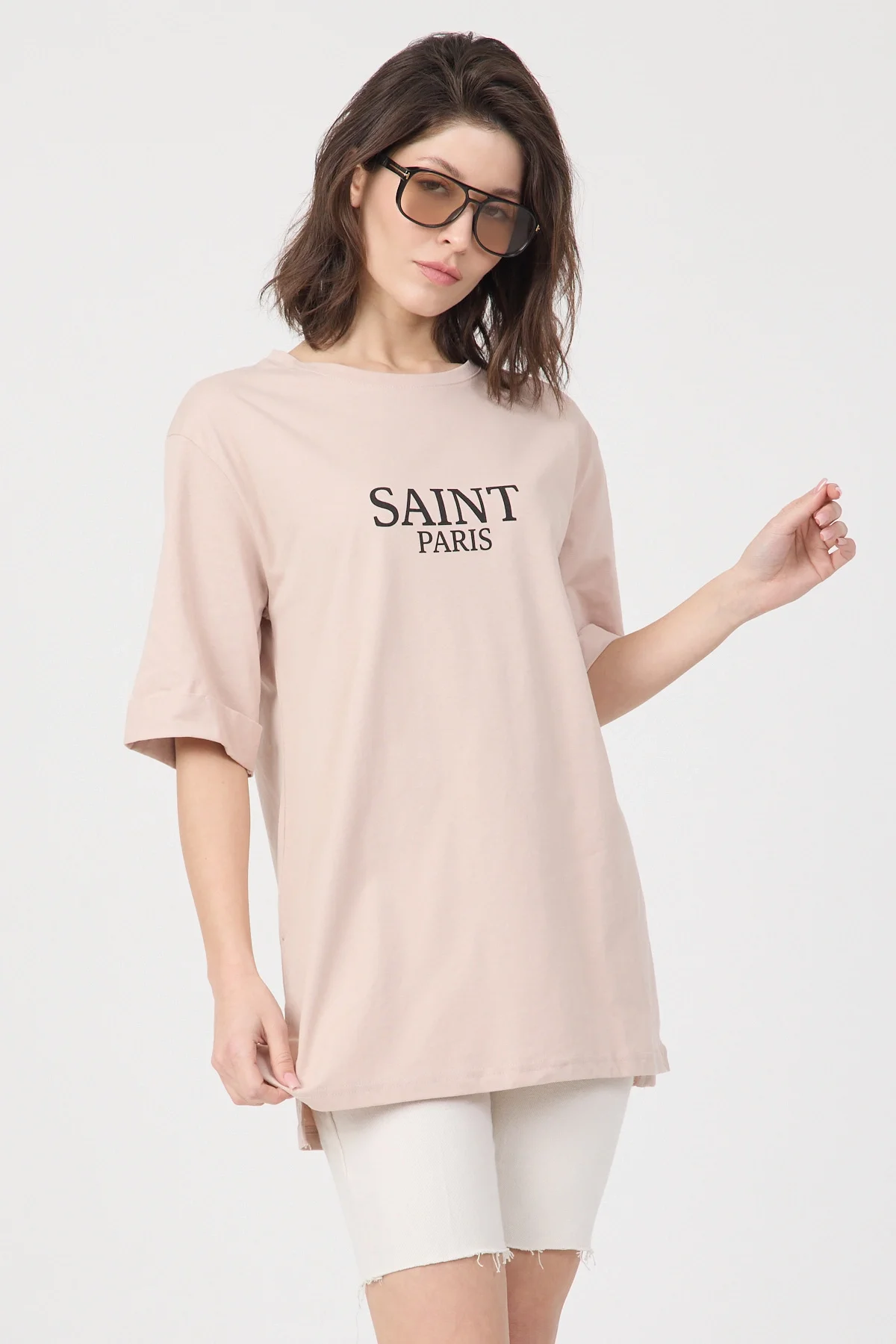 Kadın Pudra Saint Paris Baskılı Oversize Duble Kol Bisiklet Yaka Pamuklu Tişört