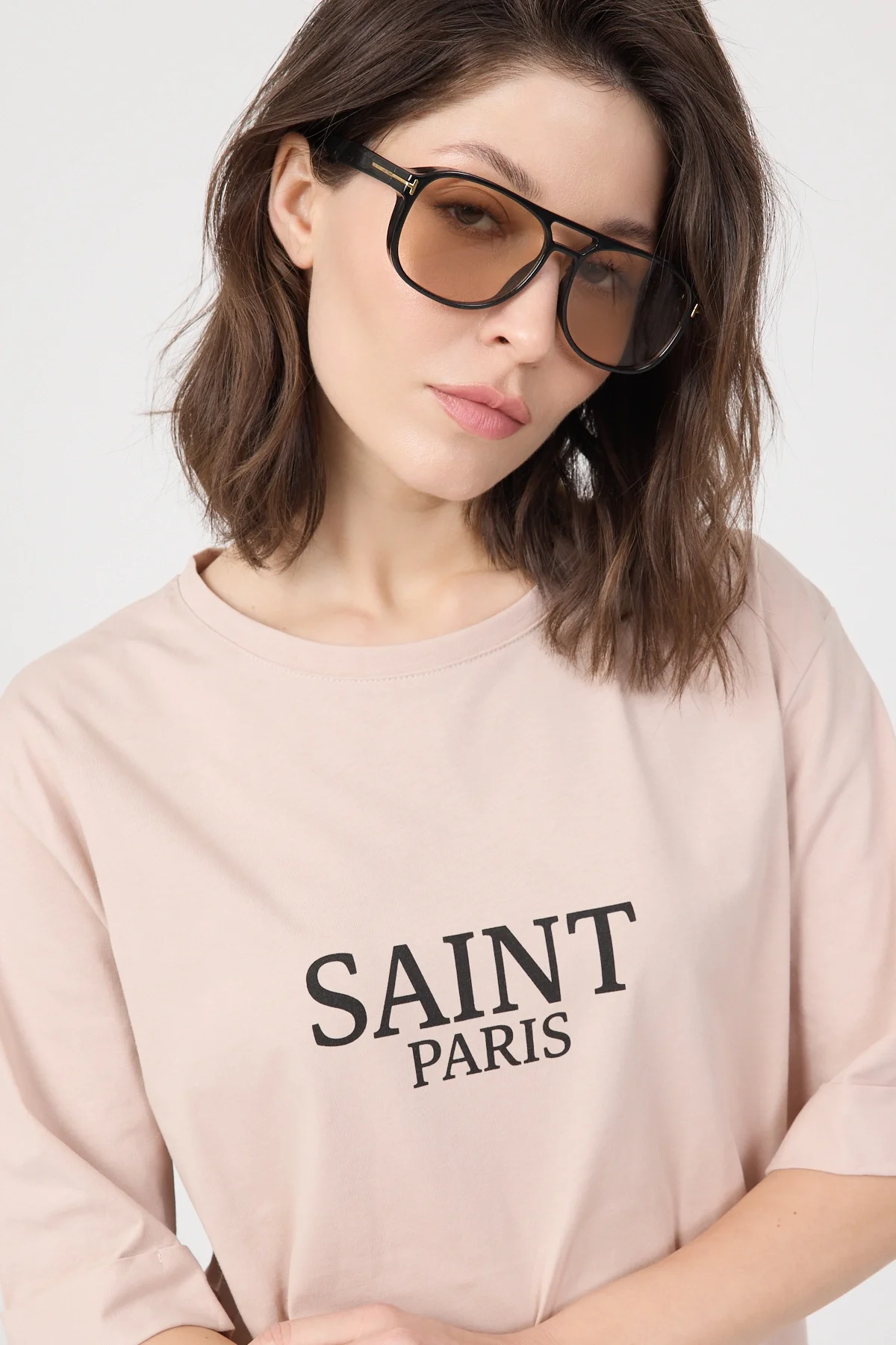 Kadın Pudra Saint Paris Baskılı Oversize Duble Kol Bisiklet Yaka Pamuklu Tişört