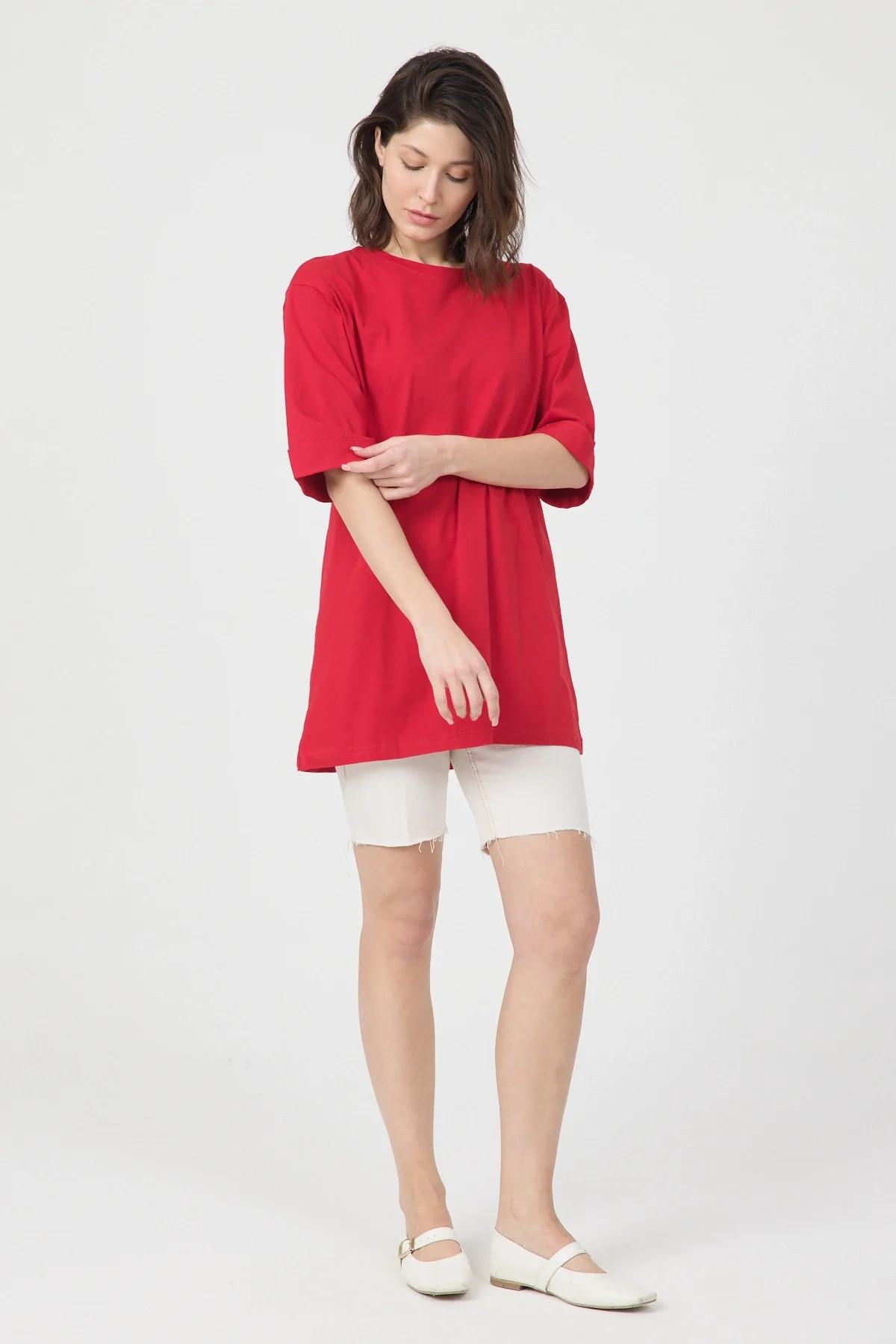 Kadın Kırmızı Oversize Duble Kol Bisiklet Yaka Basic Pamuklu Tişört