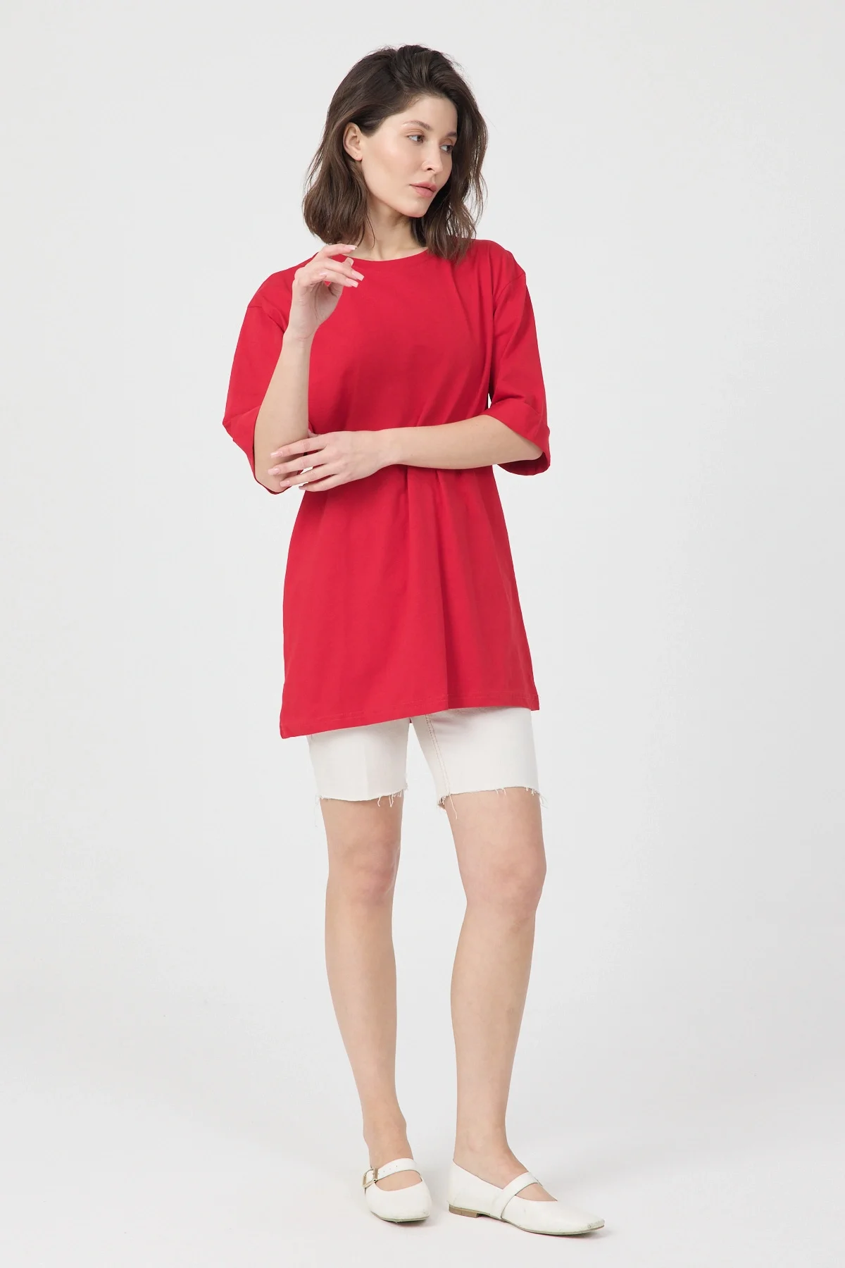 Kadın Kırmızı Oversize Duble Kol Bisiklet Yaka Basic Pamuklu Tişört