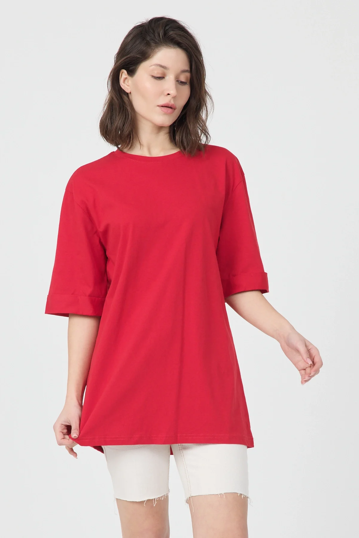 Kadın Kırmızı Oversize Duble Kol Bisiklet Yaka Basic Pamuklu Tişört