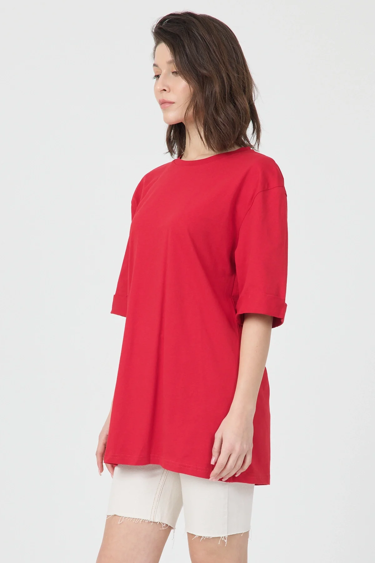 Kadın Kırmızı Oversize Duble Kol Bisiklet Yaka Basic Pamuklu Tişört