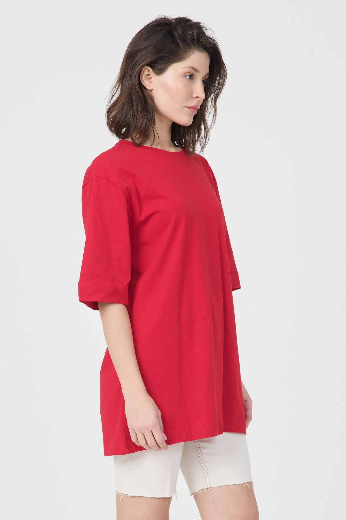 Kadın Kırmızı Oversize Duble Kol Bisiklet Yaka Basic Pamuklu Tişört