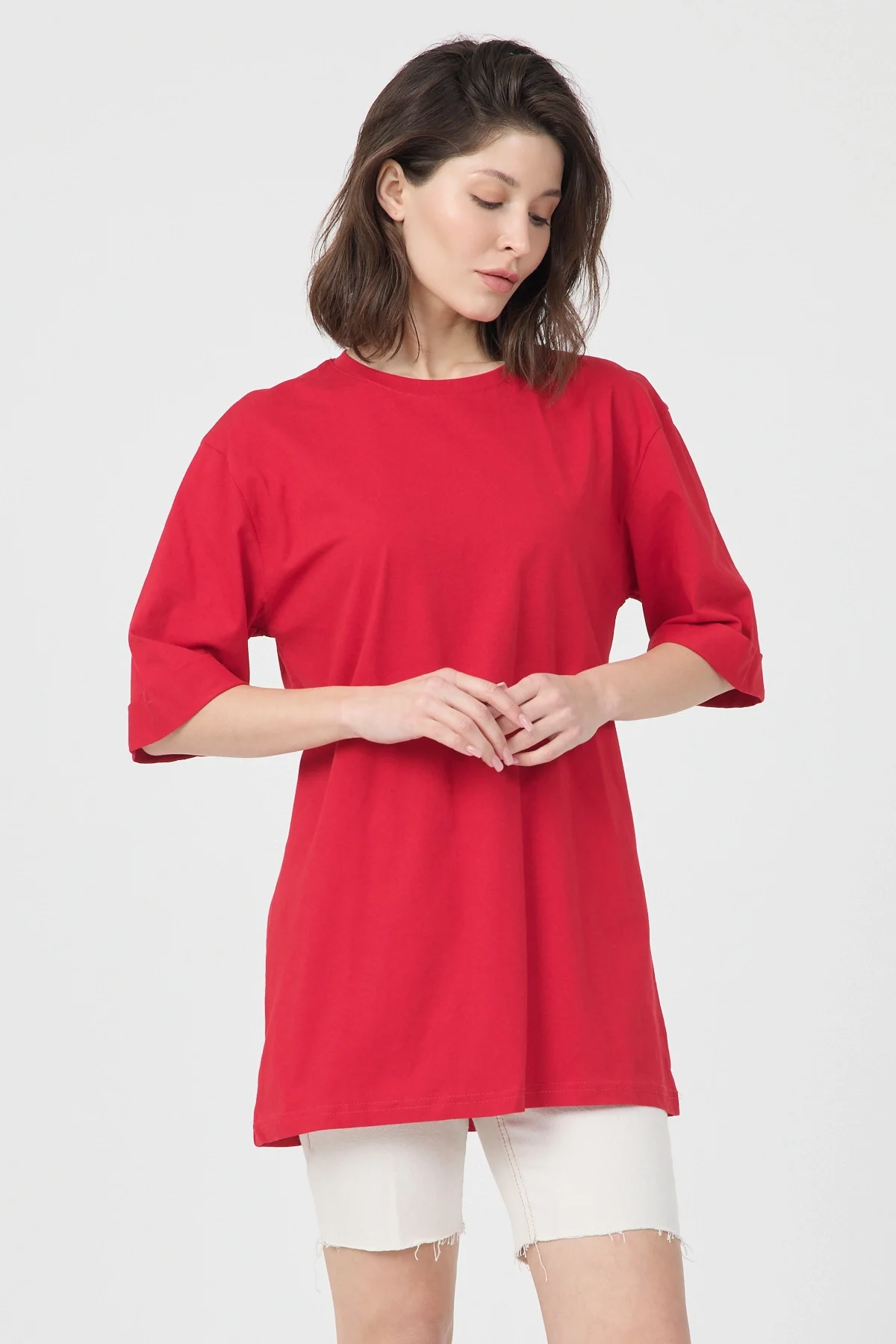 Kadın Kırmızı Oversize Duble Kol Bisiklet Yaka Basic Pamuklu Tişört