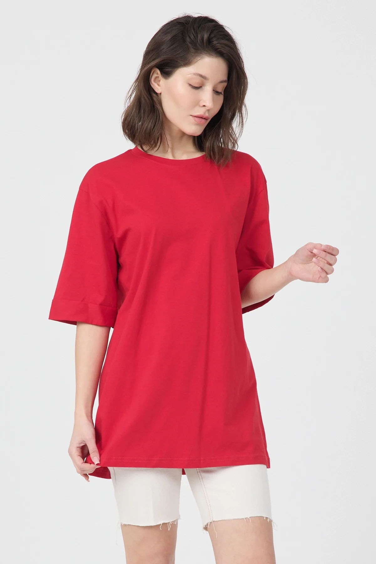 Kadın Kırmızı Oversize Duble Kol Bisiklet Yaka Basic Pamuklu Tişört