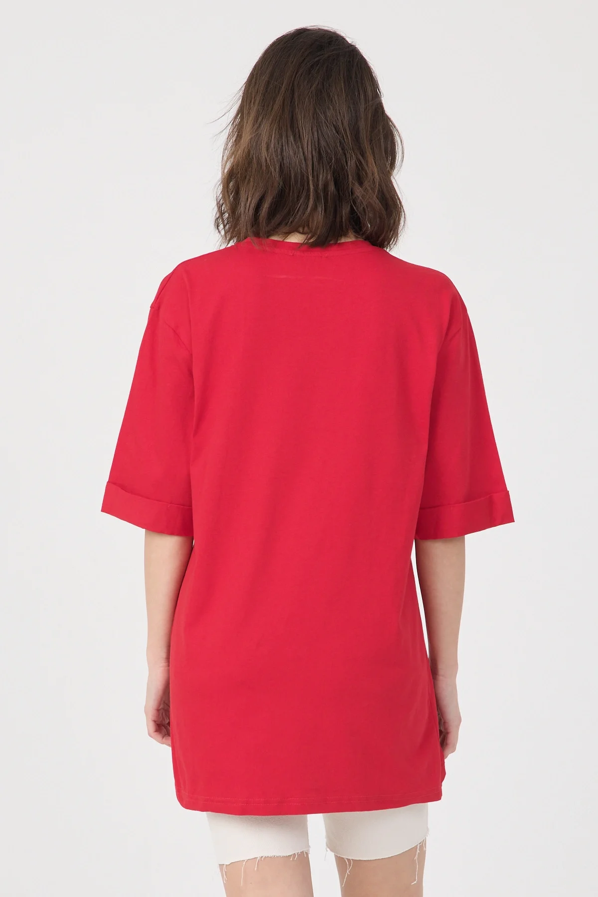 Kadın Kırmızı Oversize Duble Kol Bisiklet Yaka Basic Pamuklu Tişört