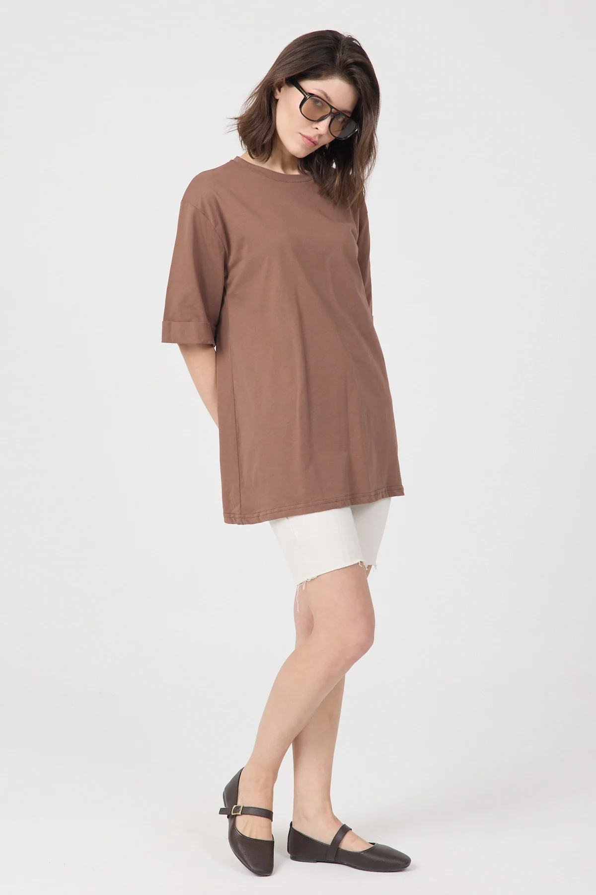 Kadın Kahve Oversize Duble Kol Bisiklet Yaka Basic Pamuklu Tişört