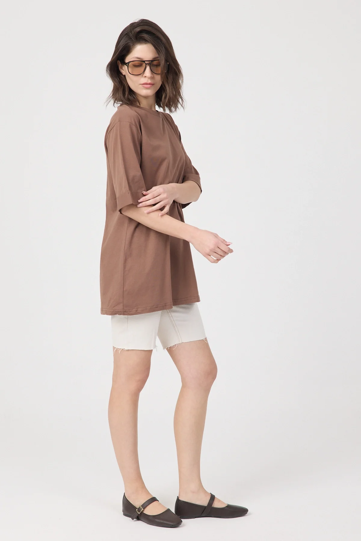 Kadın Kahve Oversize Duble Kol Bisiklet Yaka Basic Pamuklu Tişört
