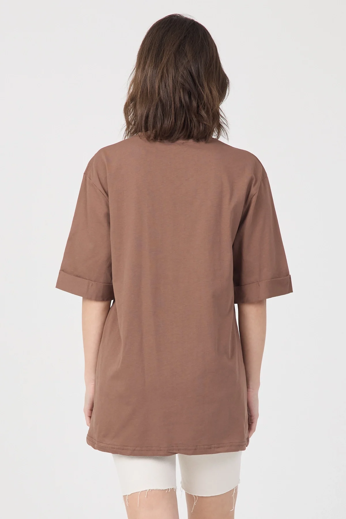 Kadın Kahve Oversize Duble Kol Bisiklet Yaka Basic Pamuklu Tişört