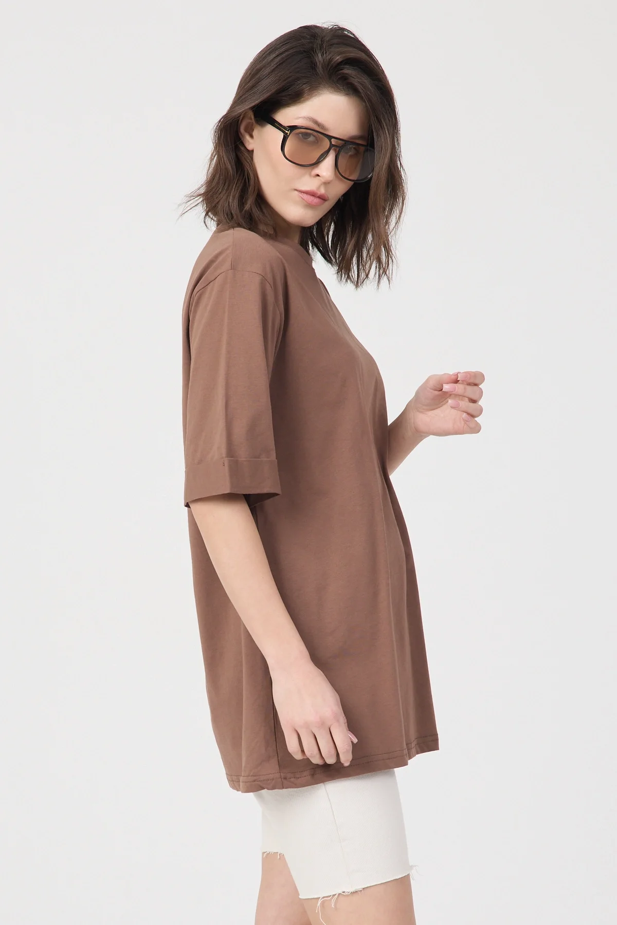 Kadın Kahve Oversize Duble Kol Bisiklet Yaka Basic Pamuklu Tişört