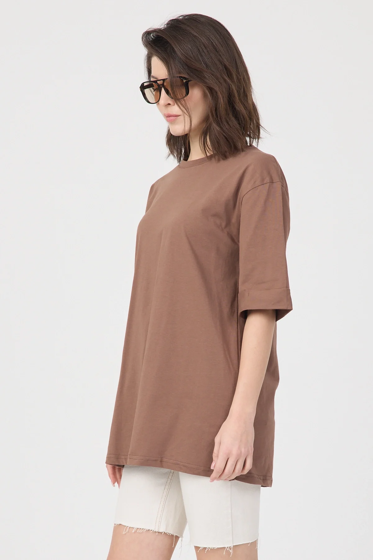 Kadın Kahve Oversize Duble Kol Bisiklet Yaka Basic Pamuklu Tişört