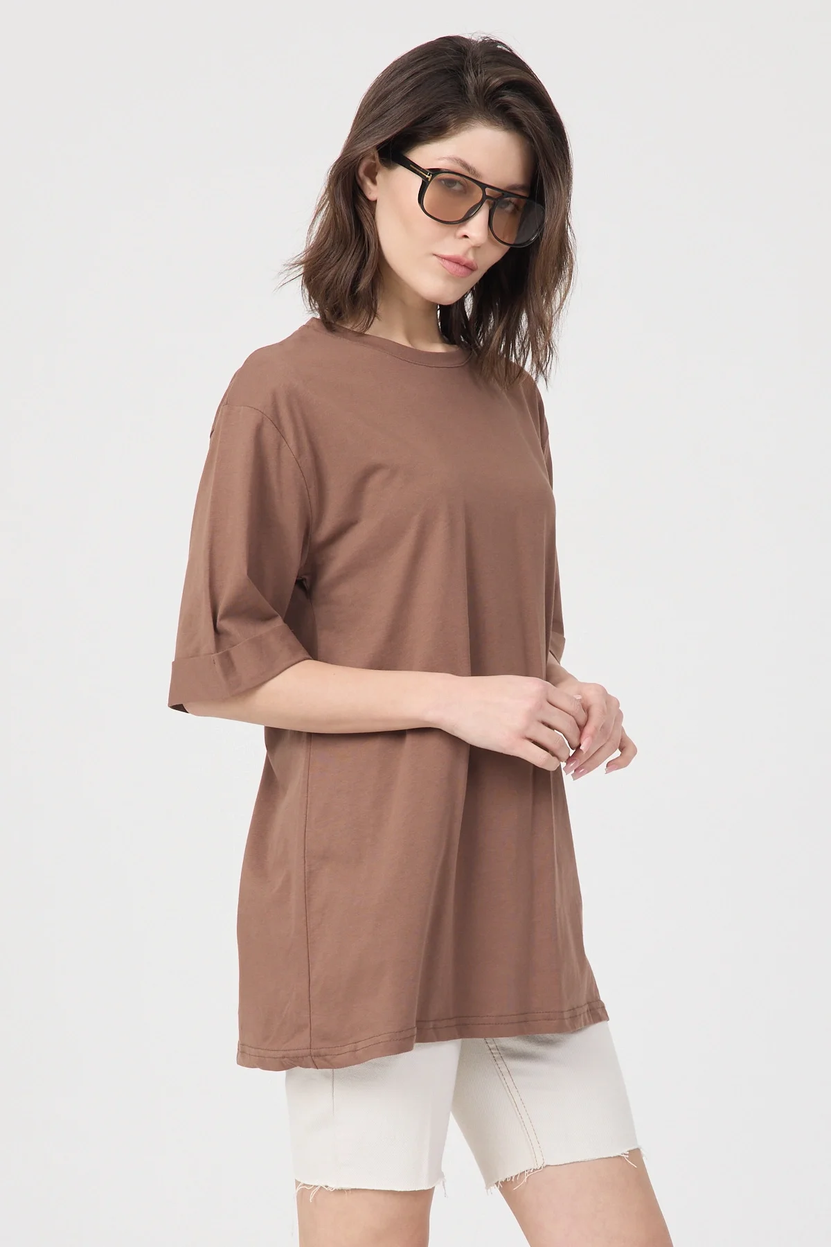 Kadın Kahve Oversize Duble Kol Bisiklet Yaka Basic Pamuklu Tişört