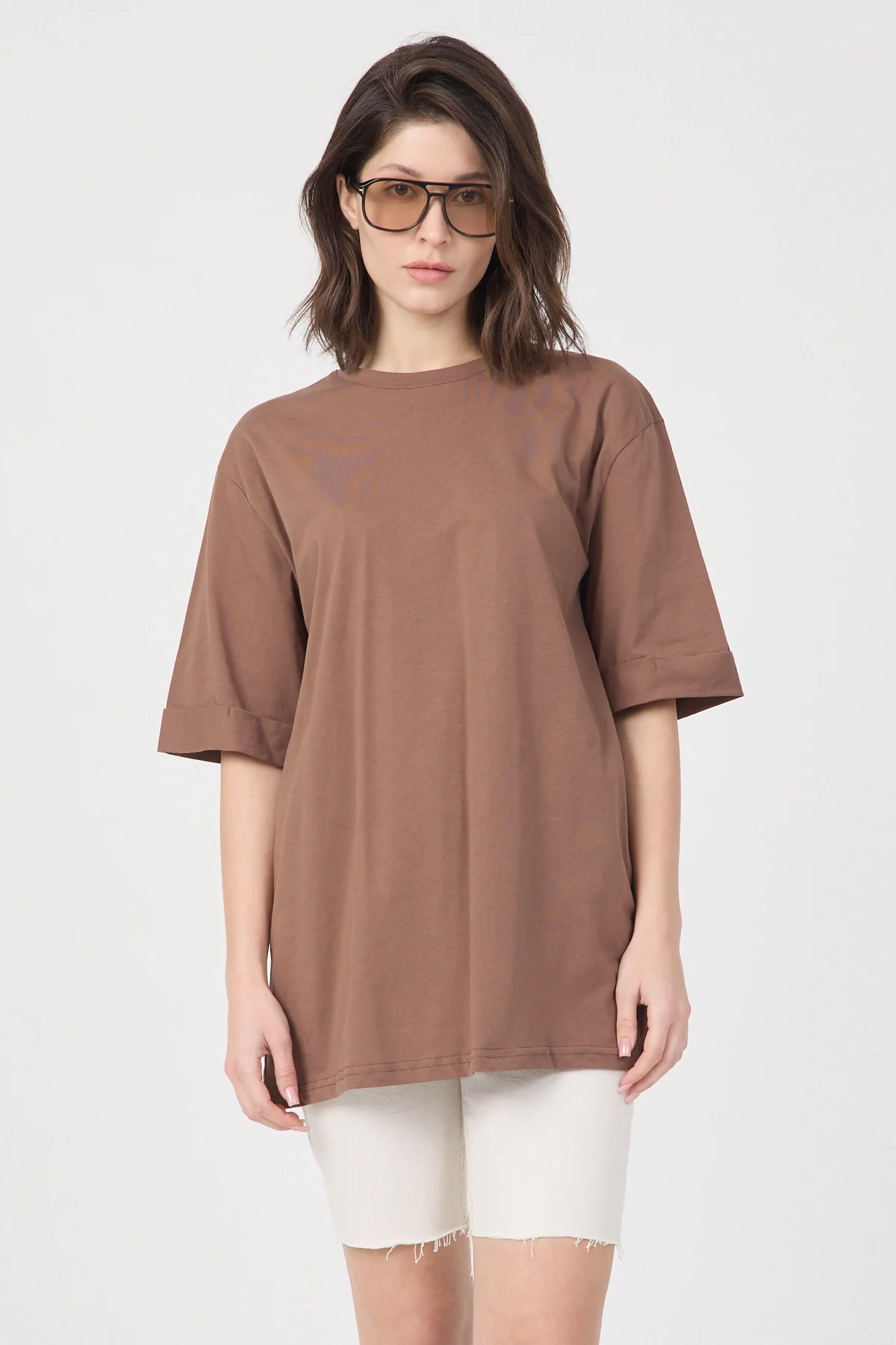 Kadın Kahve Oversize Duble Kol Bisiklet Yaka Basic Pamuklu Tişört