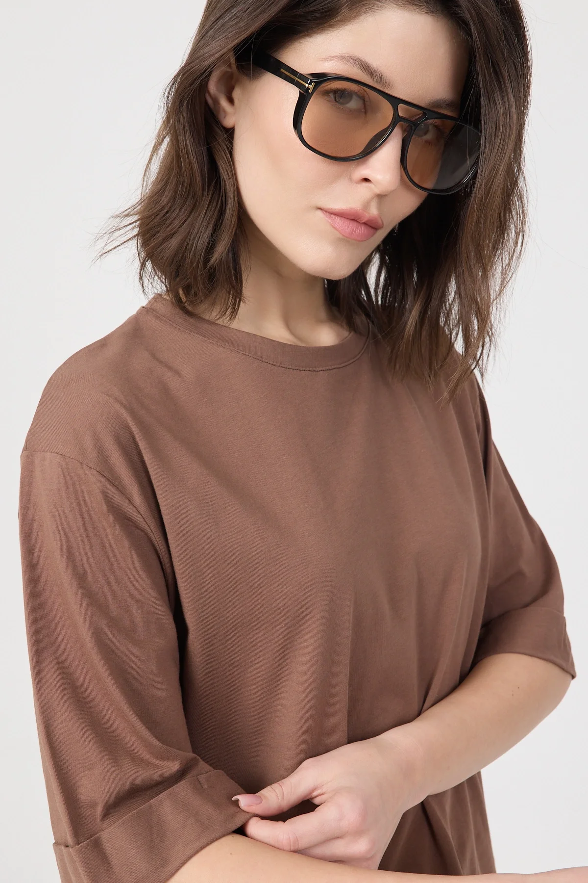 Kadın Kahve Oversize Duble Kol Bisiklet Yaka Basic Pamuklu Tişört