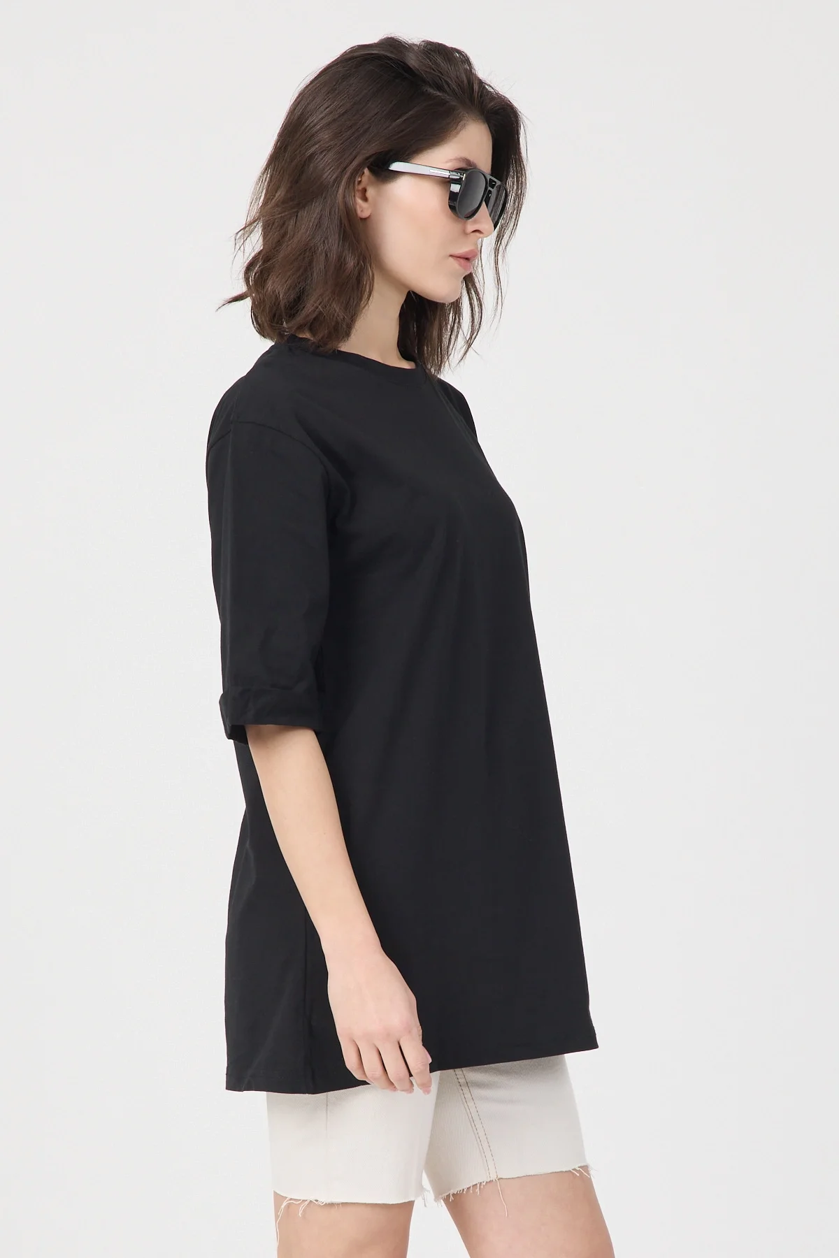 Kadın Siyah Oversize Duble Kol Bisiklet Yaka Basic Pamuklu Tişört