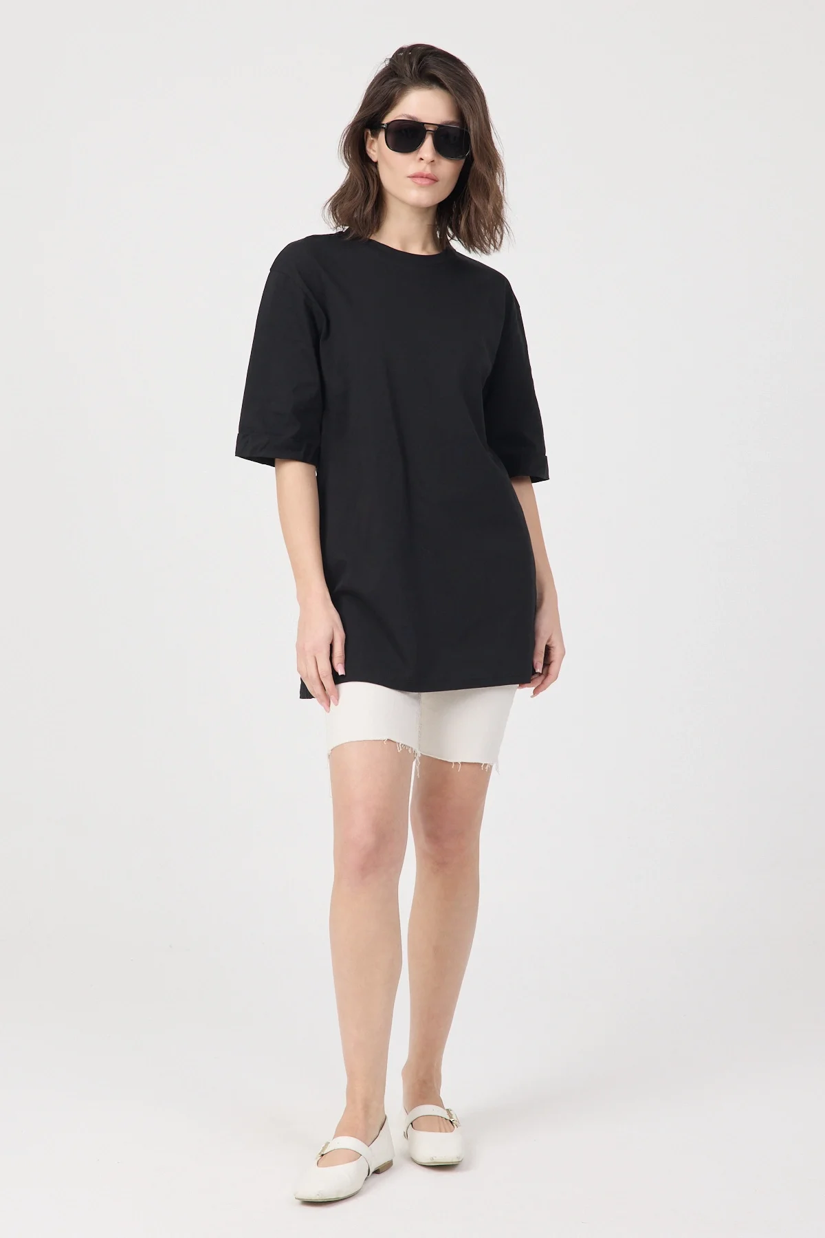 Kadın Siyah Oversize Duble Kol Bisiklet Yaka Basic Pamuklu Tişört