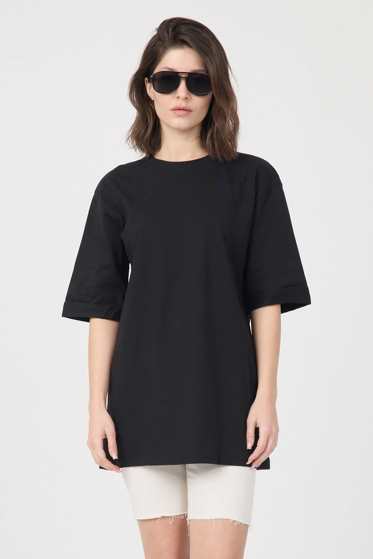 Kadın Siyah Oversize Duble Kol Bisiklet Yaka Basic Pamuklu Tişört