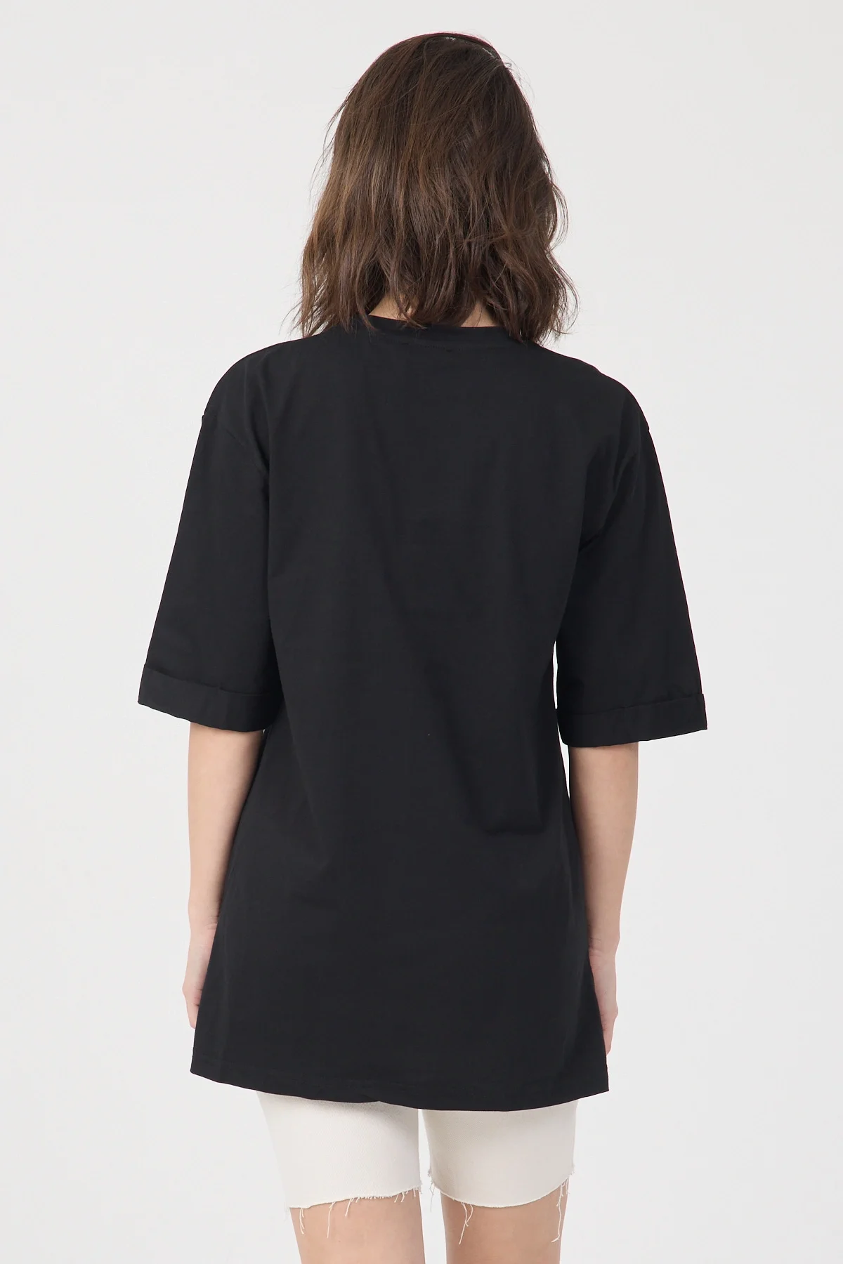 Kadın Siyah Oversize Duble Kol Bisiklet Yaka Basic Pamuklu Tişört