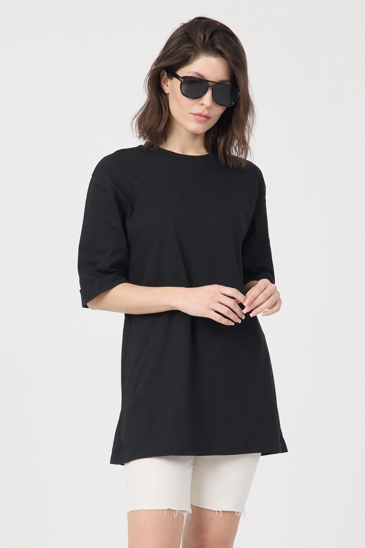 Kadın Siyah Oversize Duble Kol Bisiklet Yaka Basic Pamuklu Tişört