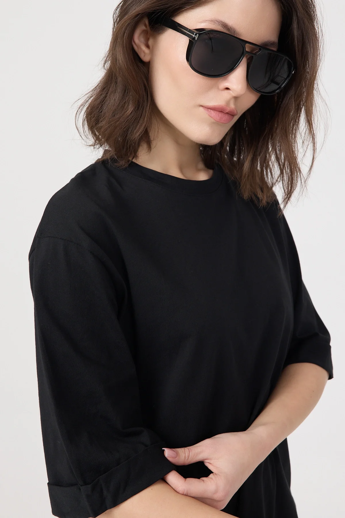 Kadın Siyah Oversize Duble Kol Bisiklet Yaka Basic Pamuklu Tişört