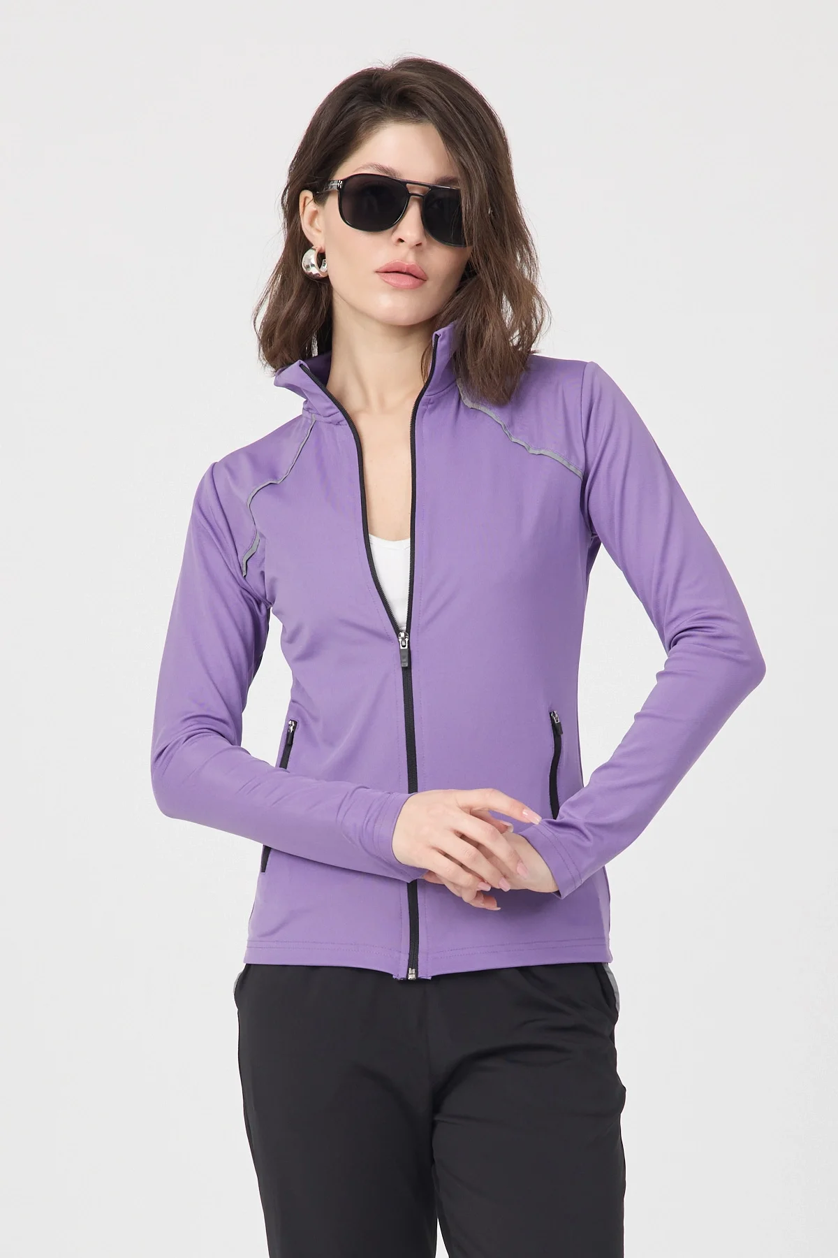 Kadın Mor Fermuarlı Dik Yaka Spor Ceket ve Siyah Jogger Alt Eşofman Takımı