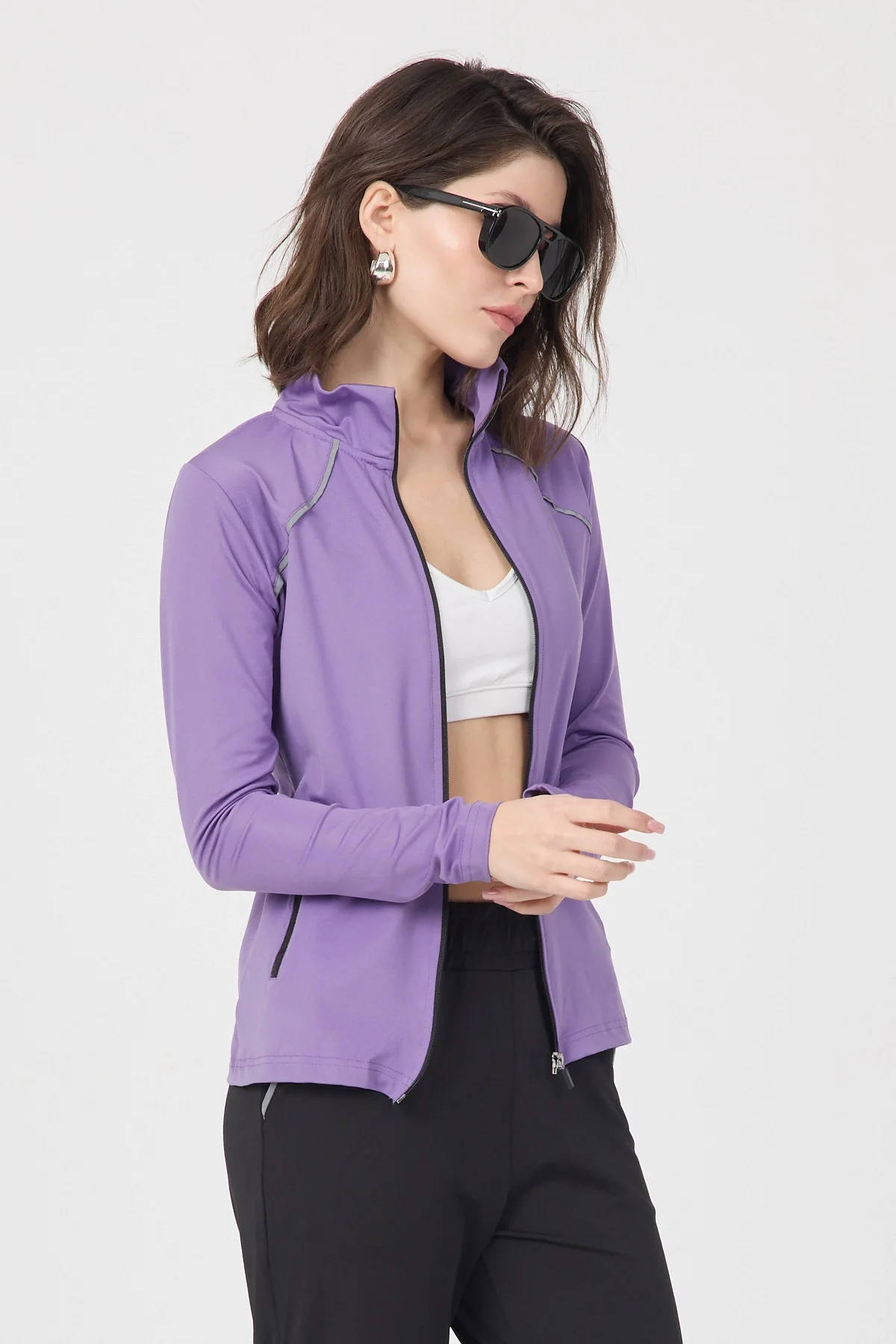 Kadın Mor Fermuarlı Dik Yaka Spor Ceket ve Siyah Jogger Alt Eşofman Takımı