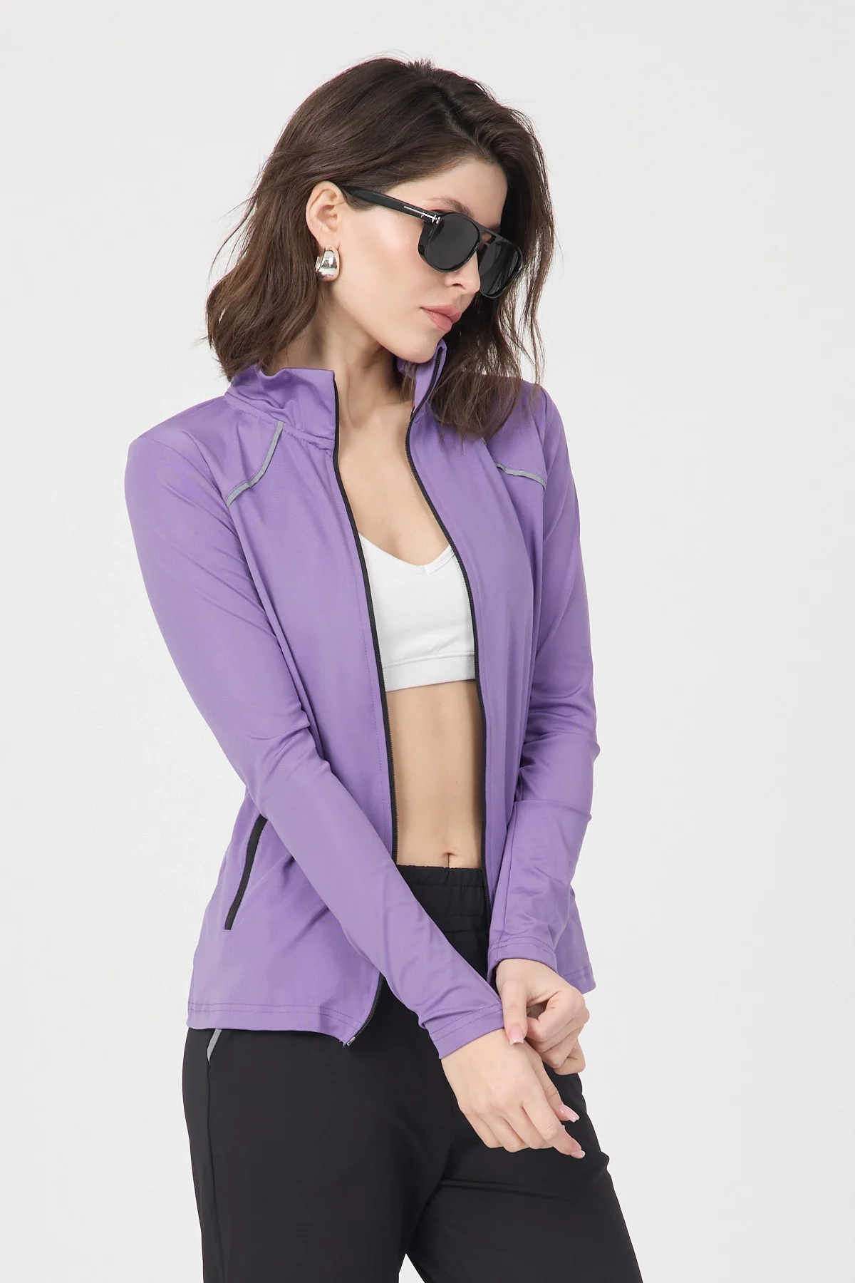 Kadın Mor Fermuarlı Dik Yaka Spor Ceket ve Siyah Jogger Alt Eşofman Takımı
