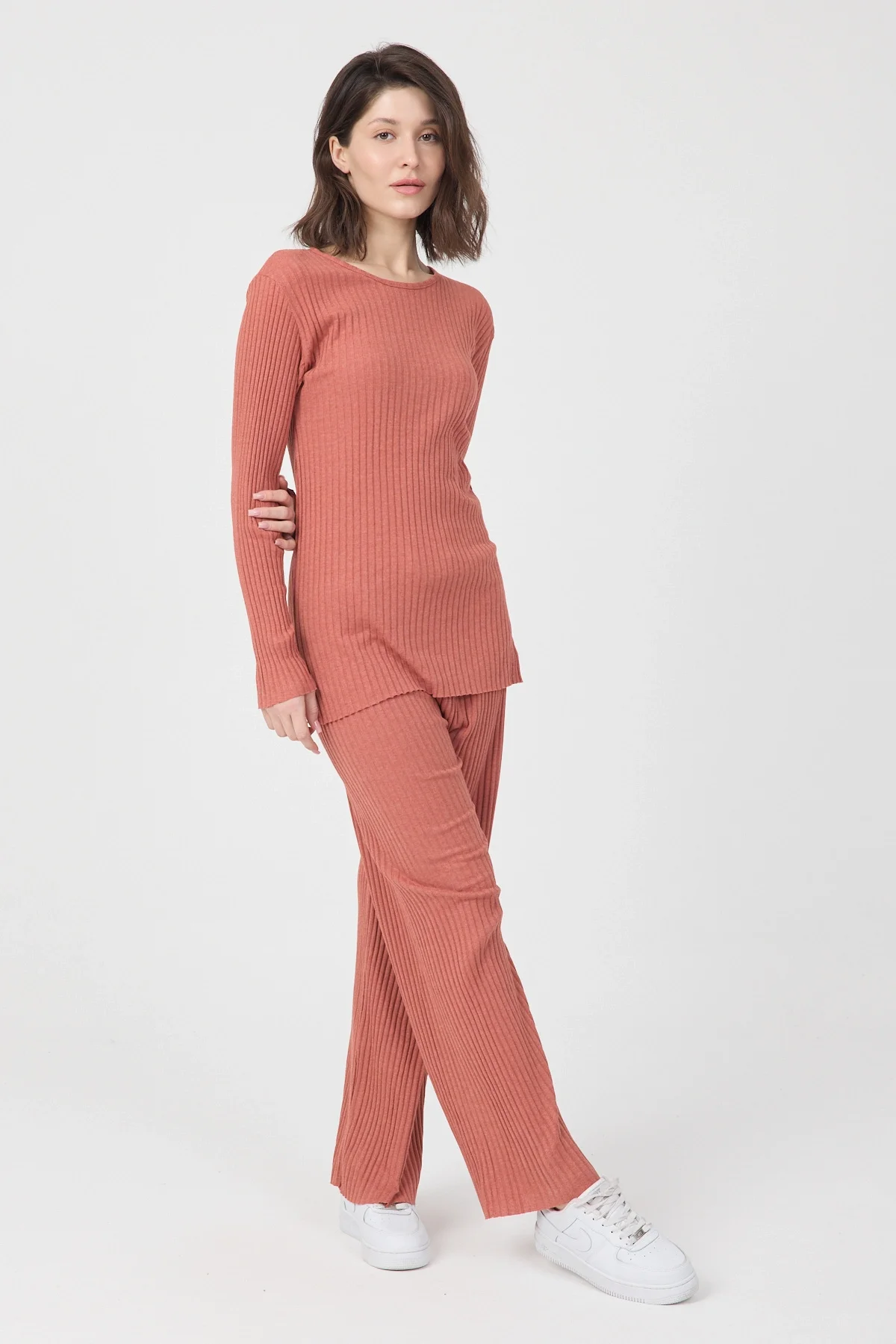 Kadın Mevsimlik Uzun Kollu Fitilli Kiremit Pijama Takımı