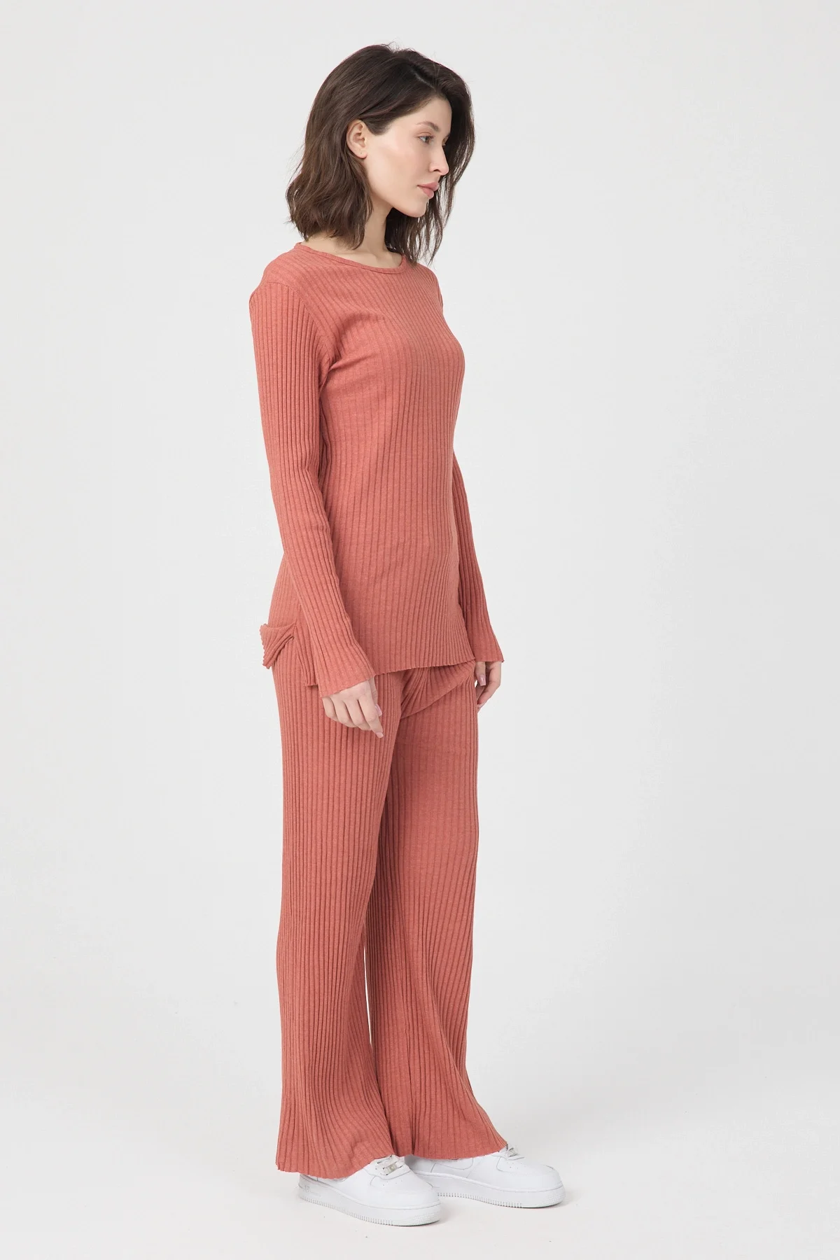 Kadın Mevsimlik Uzun Kollu Fitilli Kiremit Pijama Takımı