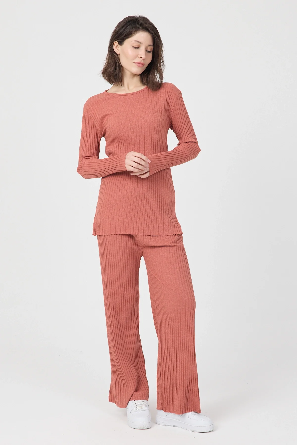 Kadın Mevsimlik Uzun Kollu Fitilli Kiremit Pijama Takımı