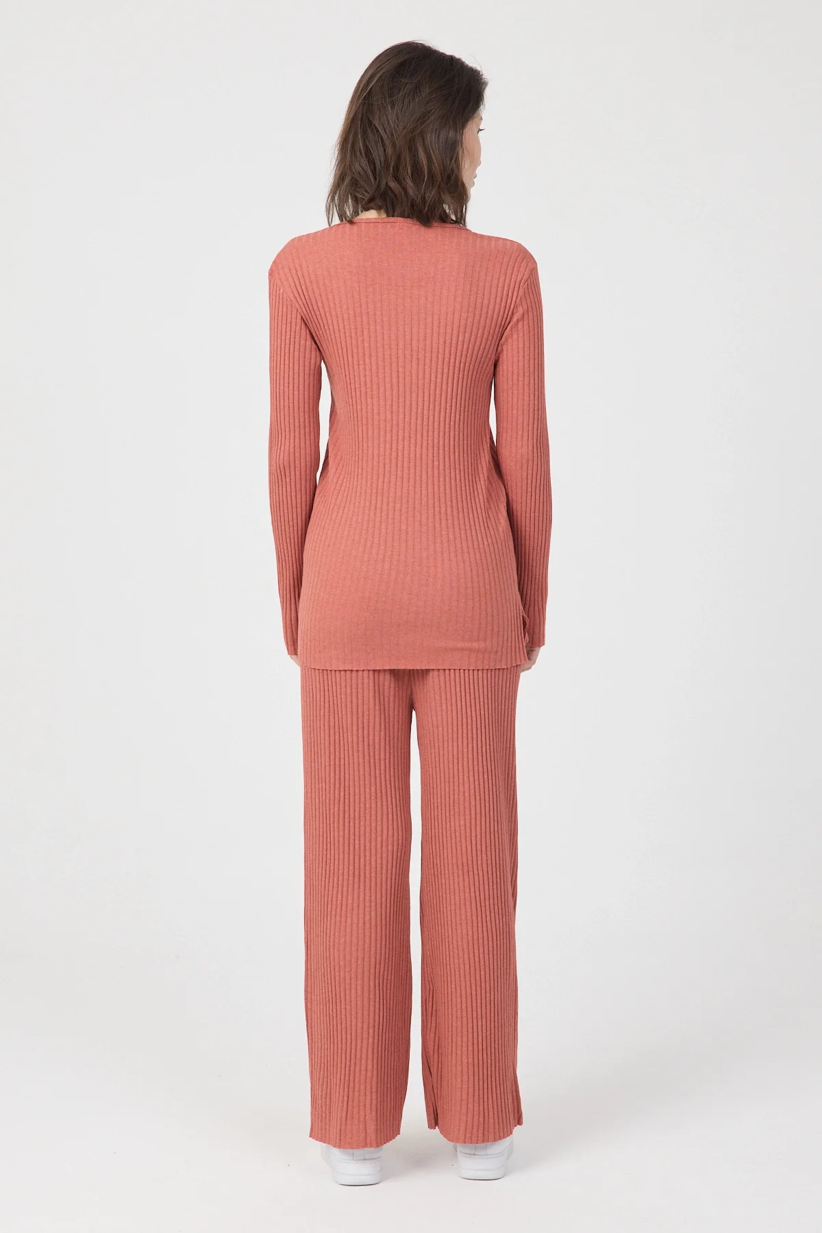 Kadın Mevsimlik Uzun Kollu Fitilli Kiremit Pijama Takımı