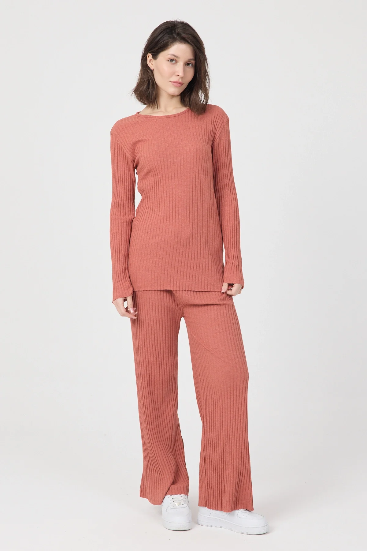 Kadın Mevsimlik Uzun Kollu Fitilli Kiremit Pijama Takımı