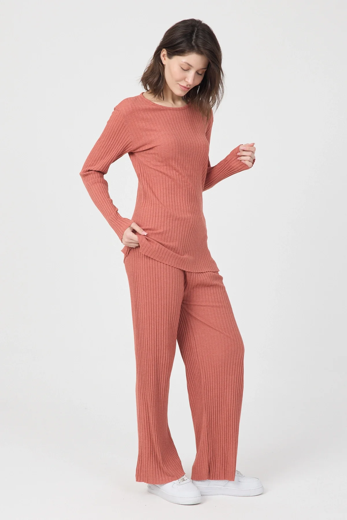 Kadın Mevsimlik Uzun Kollu Fitilli Kiremit Pijama Takımı