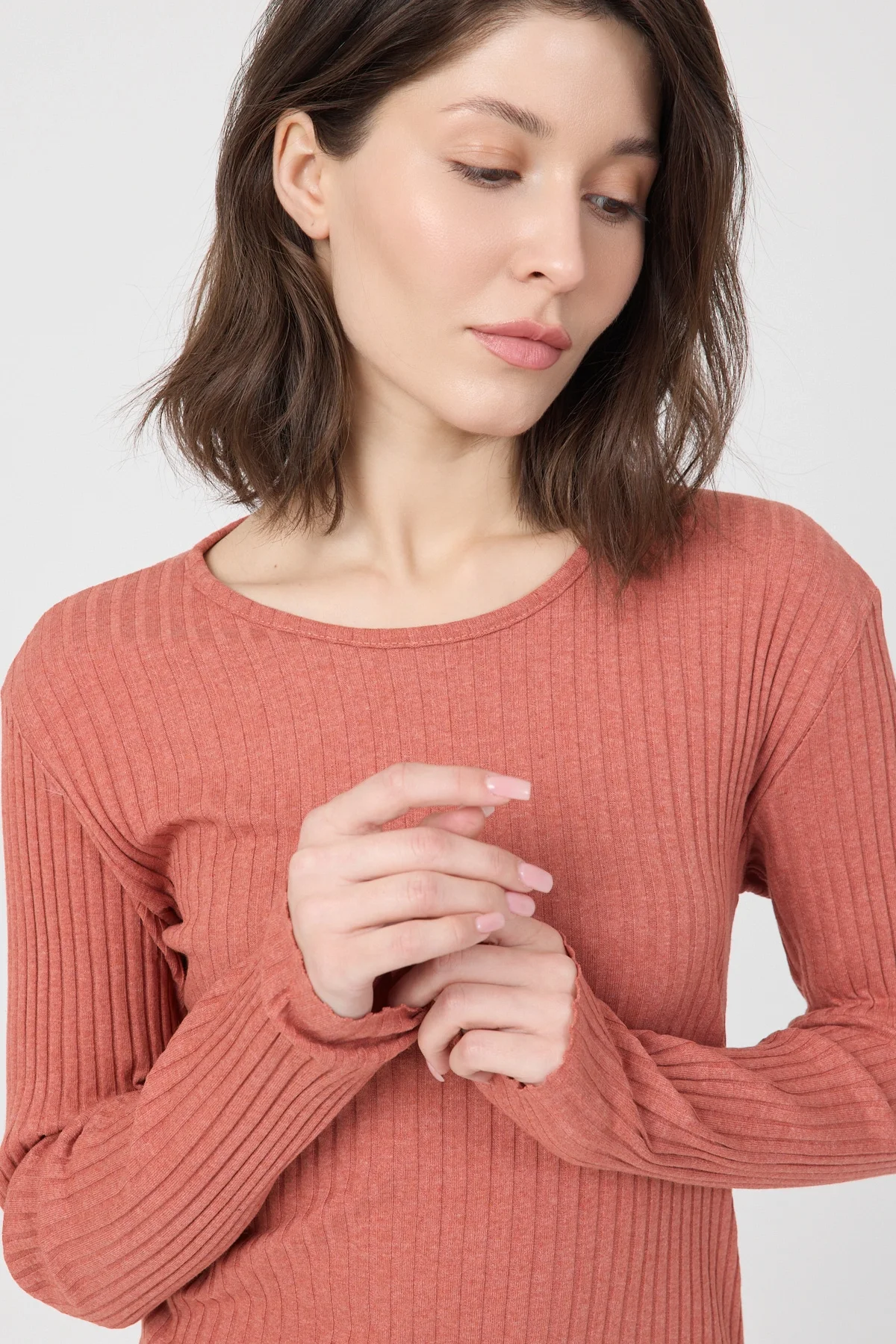 Kadın Mevsimlik Uzun Kollu Fitilli Kiremit Pijama Takımı