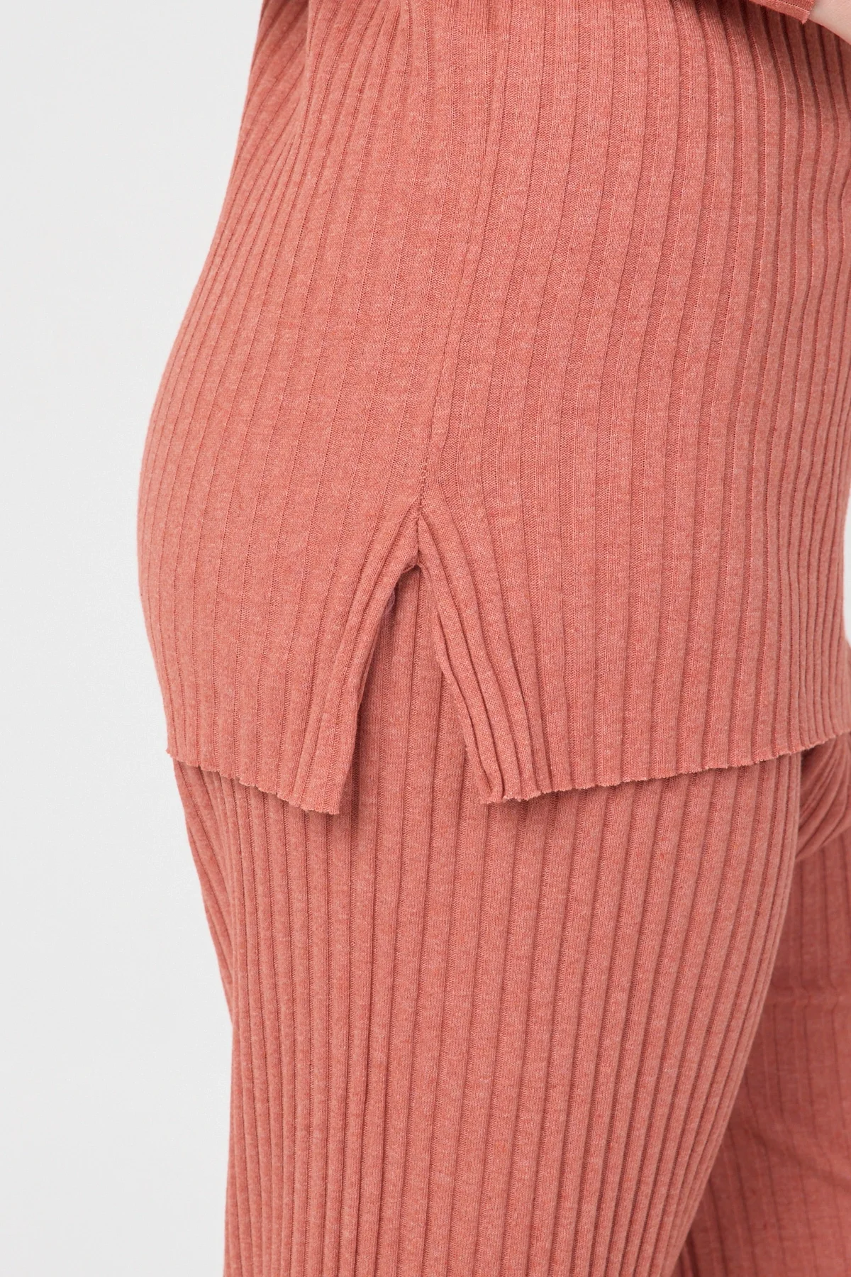 Kadın Mevsimlik Uzun Kollu Fitilli Kiremit Pijama Takımı