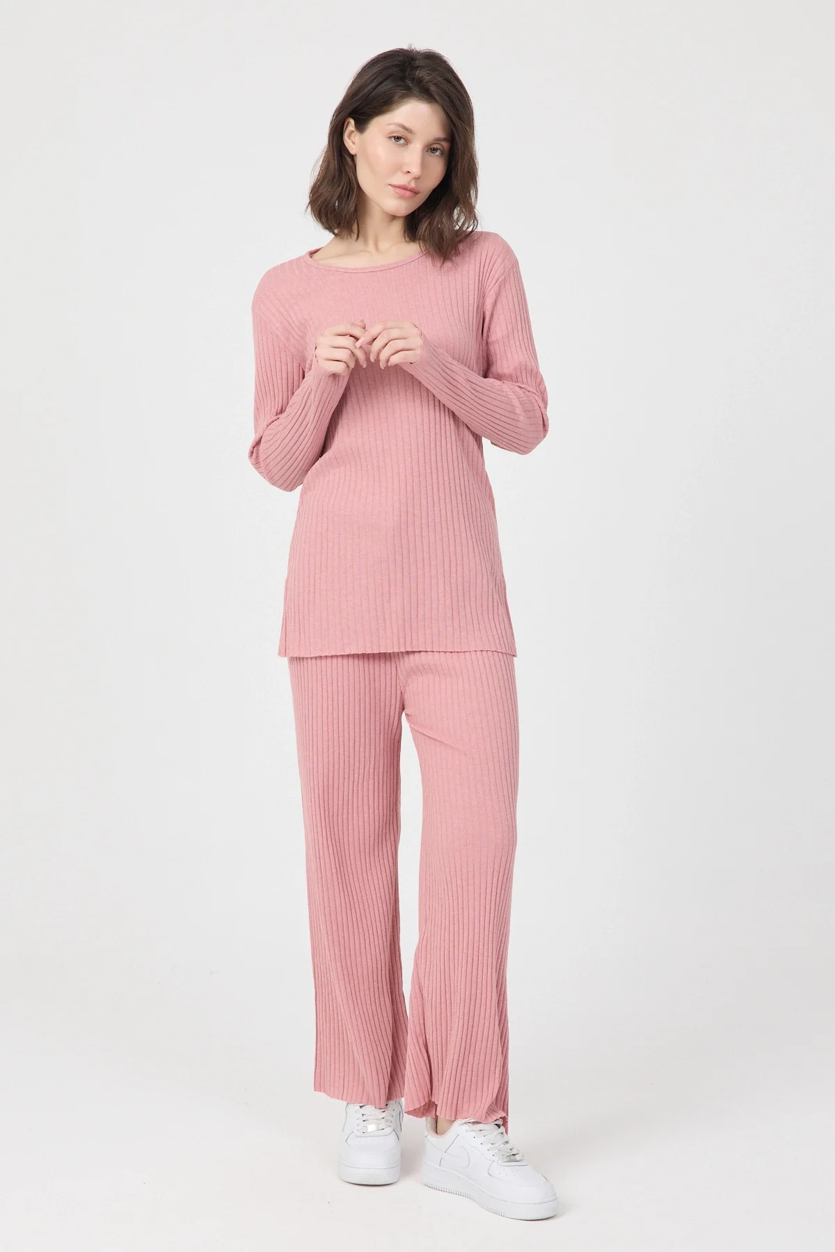 Kadın Mevsimlik Uzun Kollu Fitilli Pembe Pijama Takımı