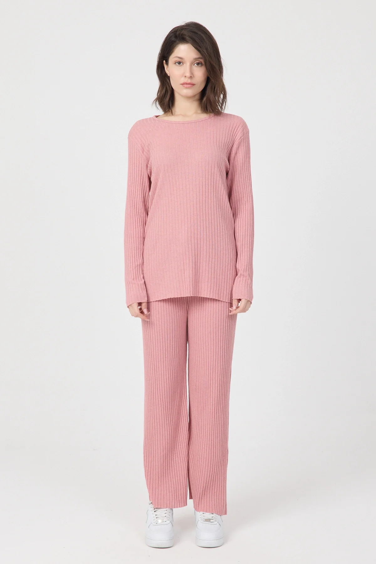 Kadın Mevsimlik Uzun Kollu Fitilli Pembe Pijama Takımı