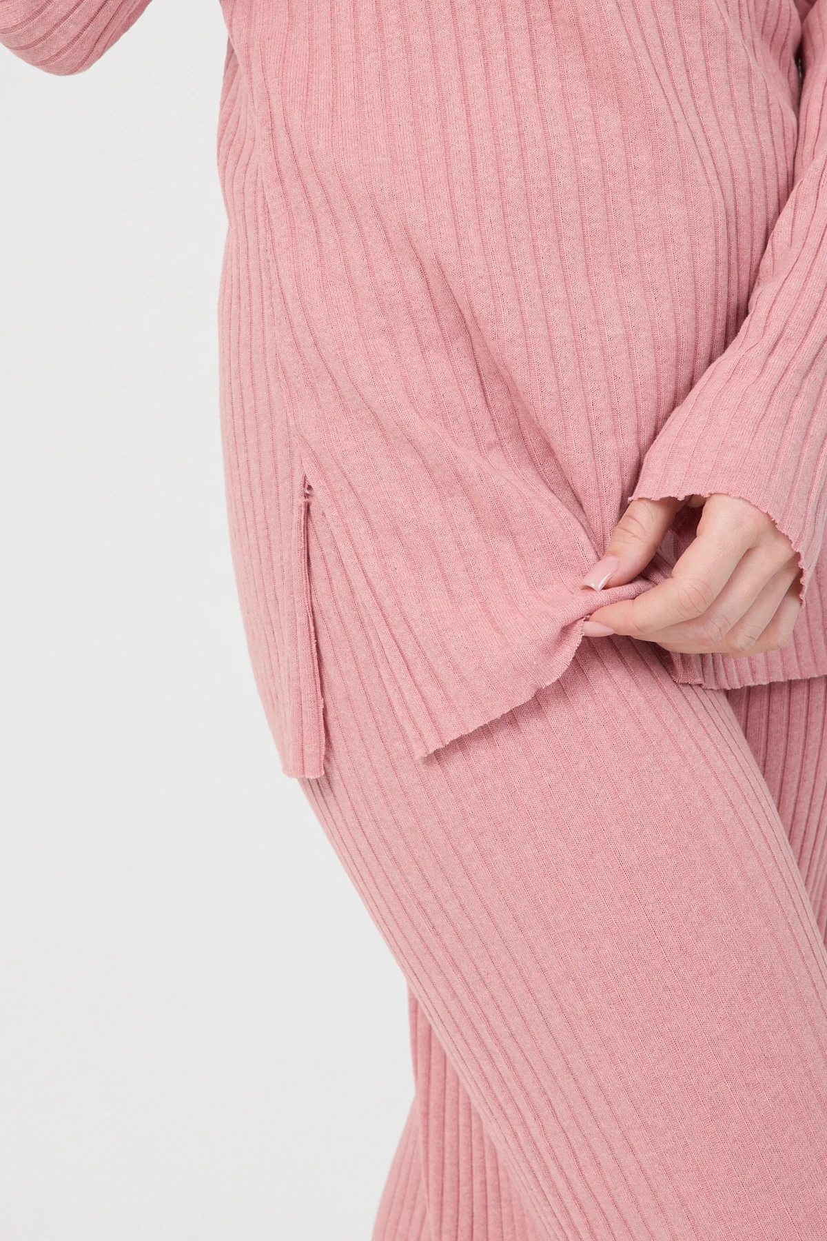 Kadın Mevsimlik Uzun Kollu Fitilli Pembe Pijama Takımı